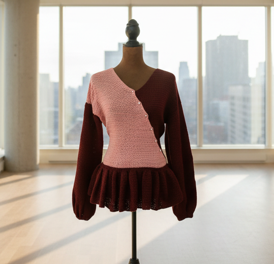 Handmade Crochet V-neck Peplum Top, Buttoned Down Ruffle Blouse; Fall Co-Operate Business Fashion