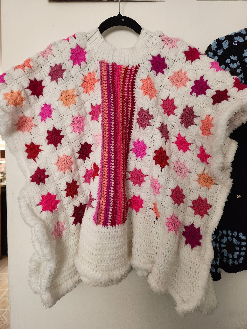 Large Pink Maple Leaf Poncho: Colorful Crochet African-Inspired Oversized Kaftan; Unique Handmade Gifts