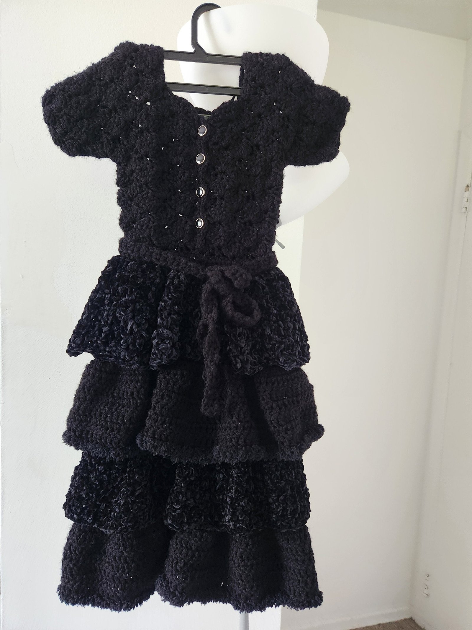 Handmade Crochet Toddler Dress: Layered Velvet Gown with Bow Belt; Princess Costume for Girls. Special, Thoughtful, and Cute Children Gifts