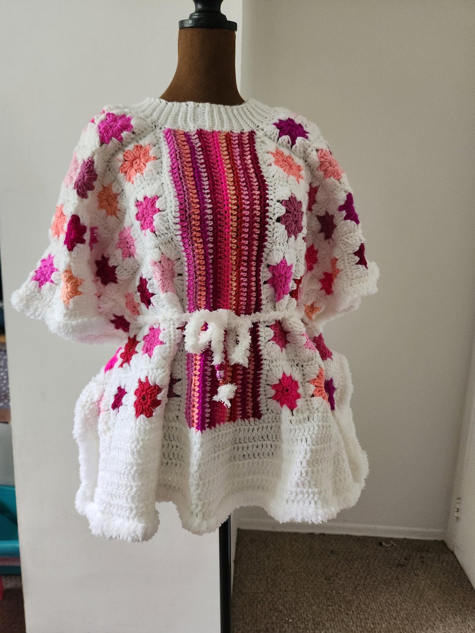 Large Pink Maple Leaf Poncho: Colorful Crochet African-Inspired Oversized Kaftan; Unique Handmade Gifts