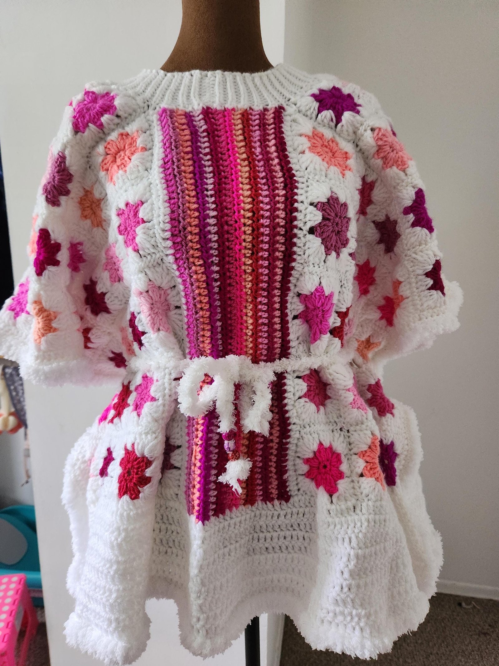 Large Pink Maple Leaf Poncho: Colorful Crochet African-Inspired Oversized Kaftan; Unique Handmade Gifts