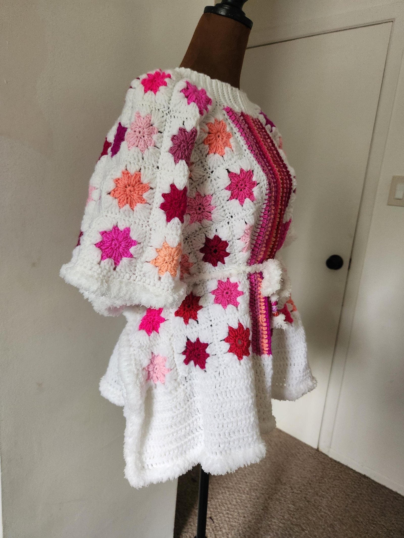 Large Pink Maple Leaf Poncho: Colorful Crochet African-Inspired Oversized Kaftan; Unique Handmade Gifts