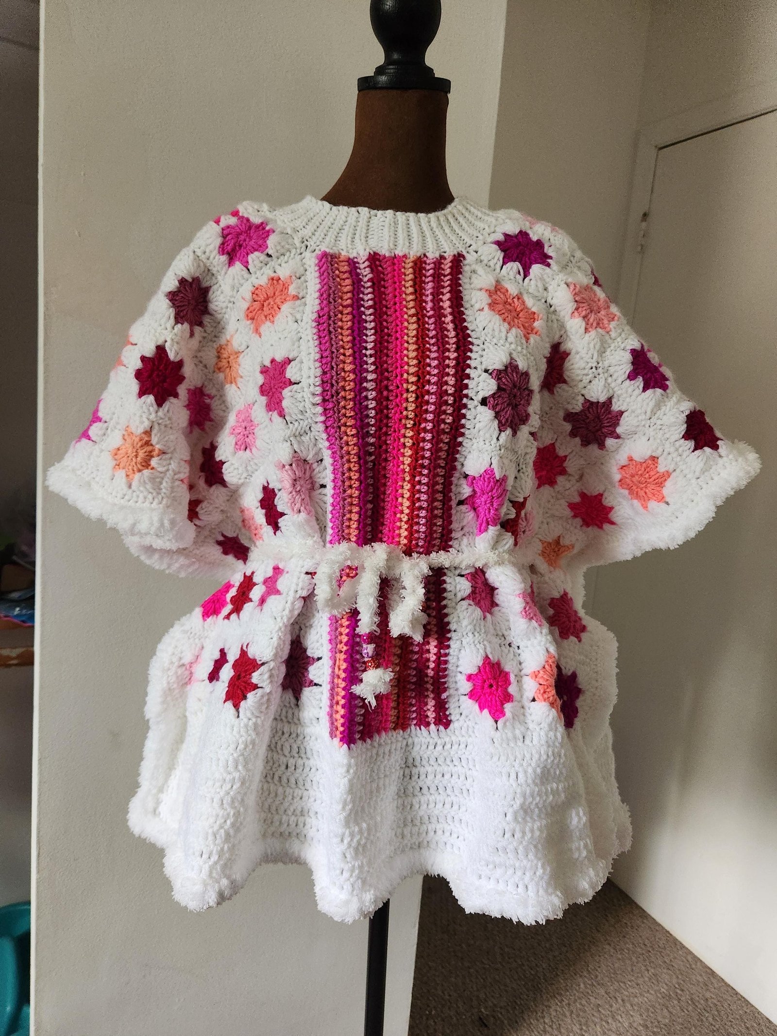 Large Pink Maple Leaf Poncho: Colorful Crochet African-Inspired Oversized Kaftan; Unique Handmade Gifts