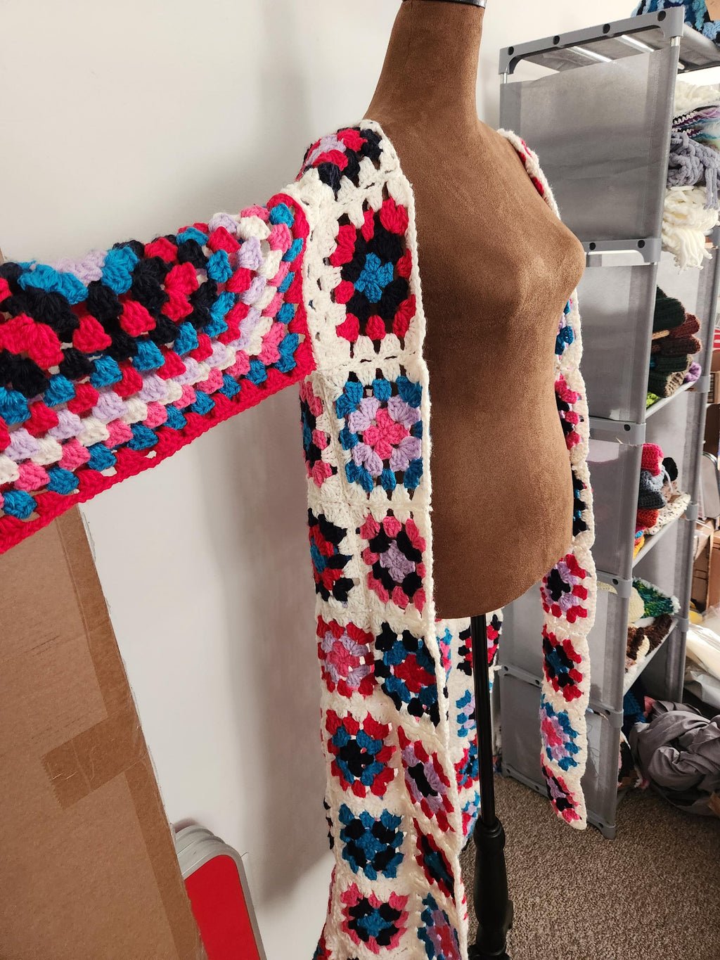 Handmade Long Cardigan: JUQ Granny Square Rainbow Crochet Kimono; Comfy Jacket Gifts