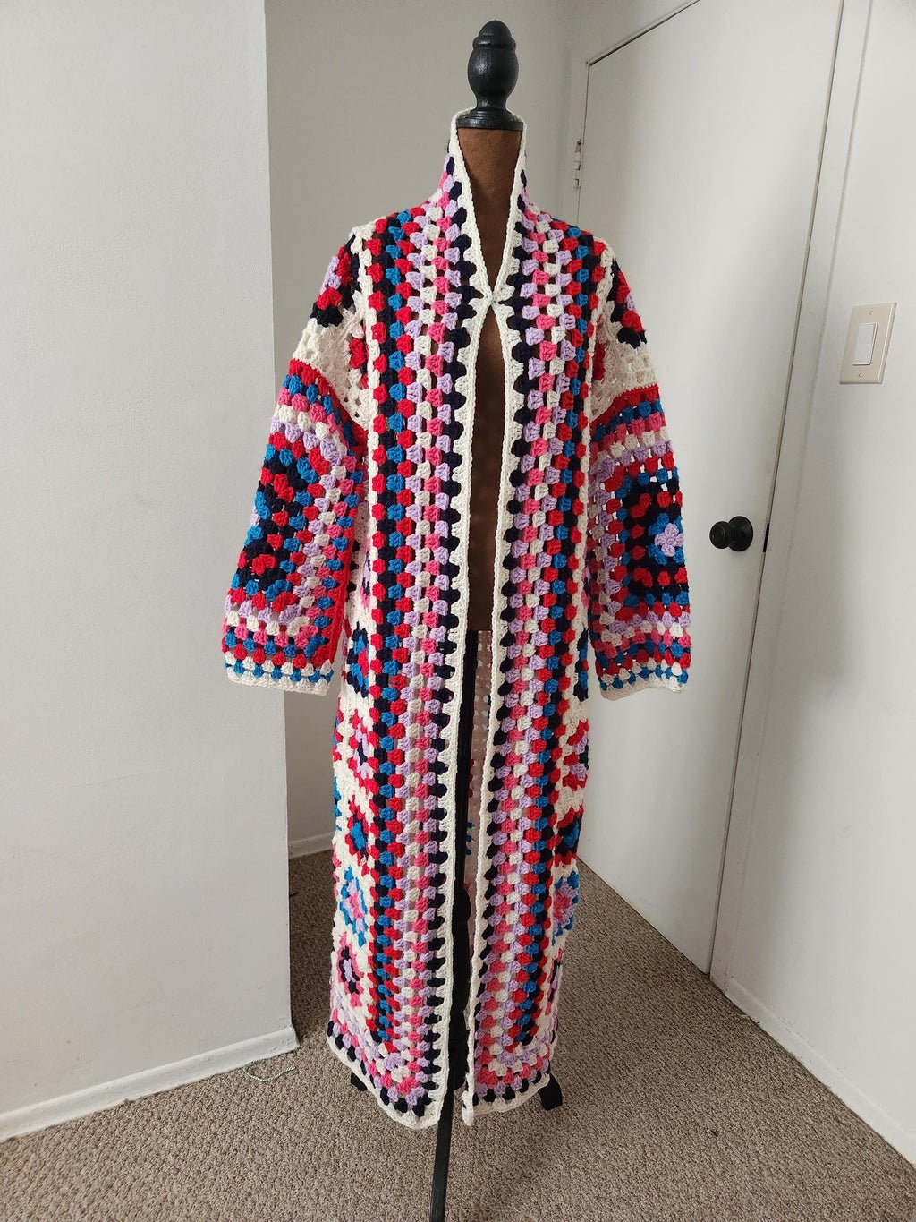 Handmade Long Cardigan: JUQ Granny Square Rainbow Crochet Kimono; Comfy Jacket Gifts