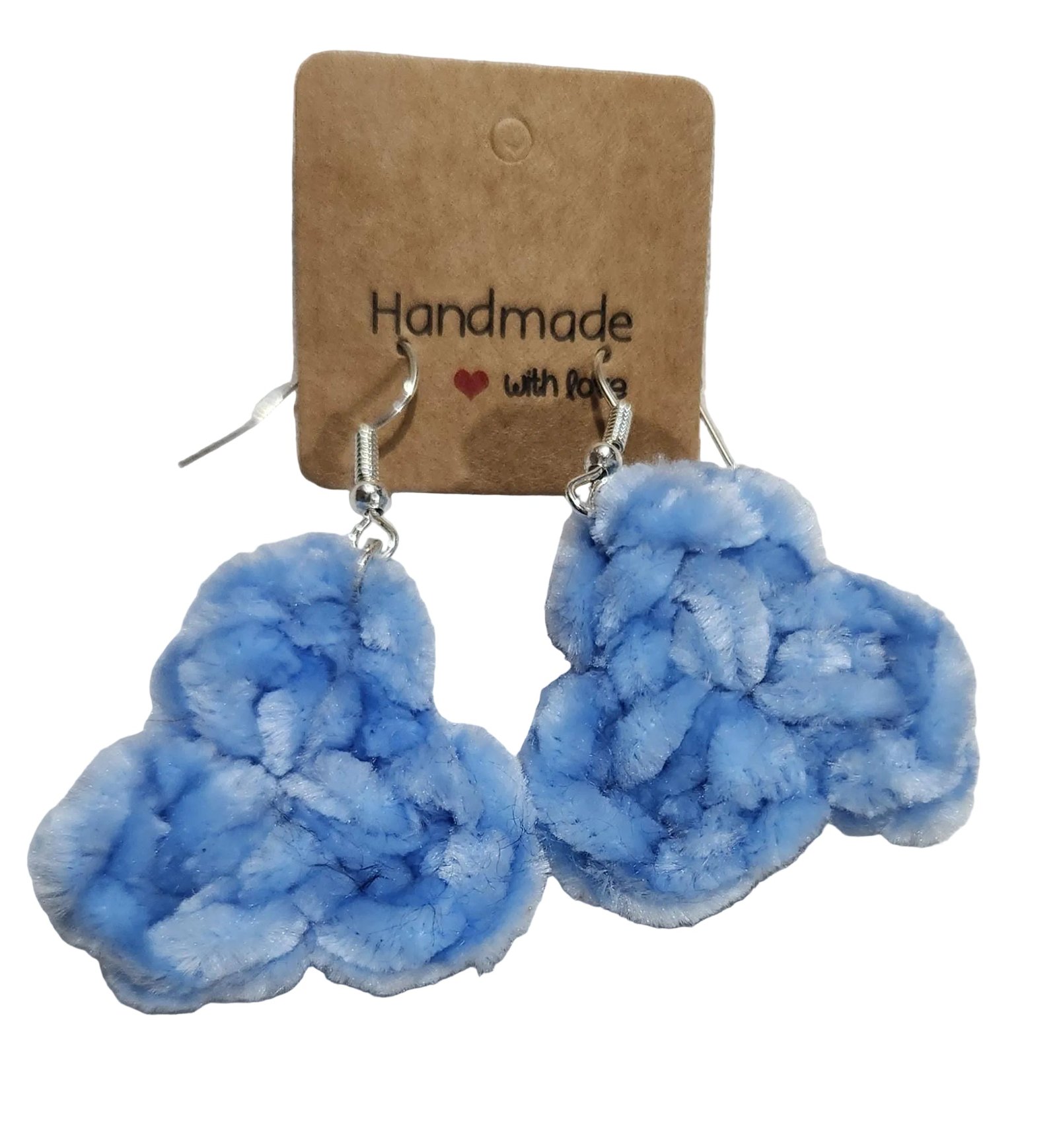 Handmade Velvet earrings crocheted with Velvet yarn. This is the light blue one.