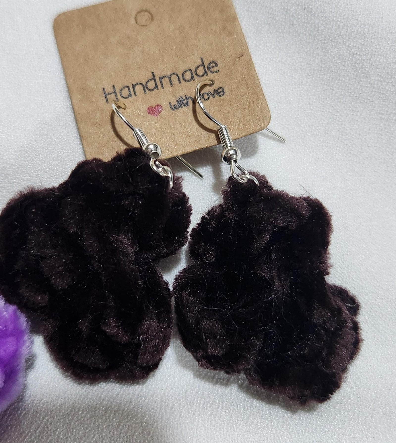 Handmade Velvet earrings crocheted with Velvet yarn. This is the chocolate brown one.