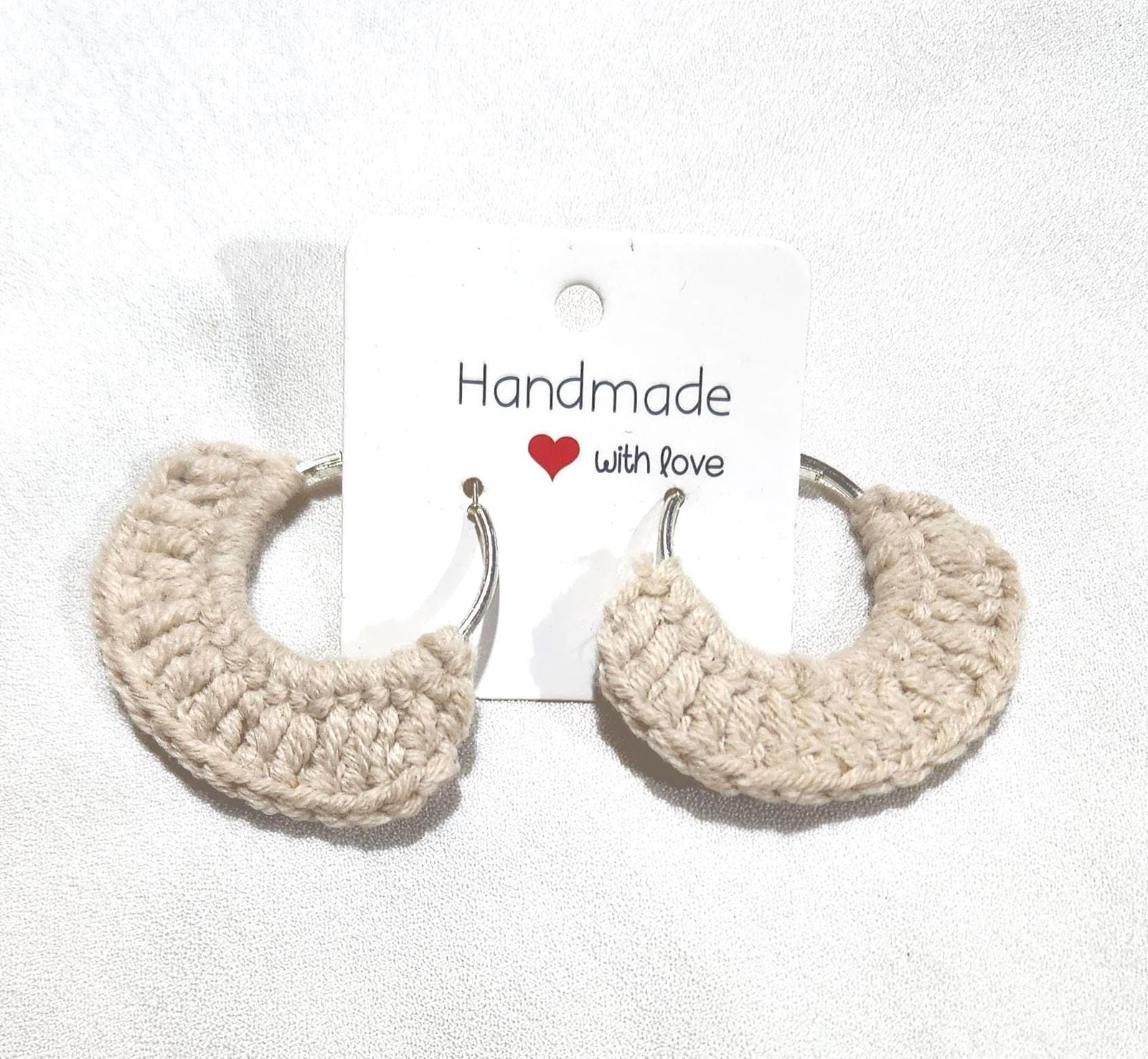 Minimalistic Crochet Beige Hoop Earrings; Handmade Jewelry Gifts and Accessories