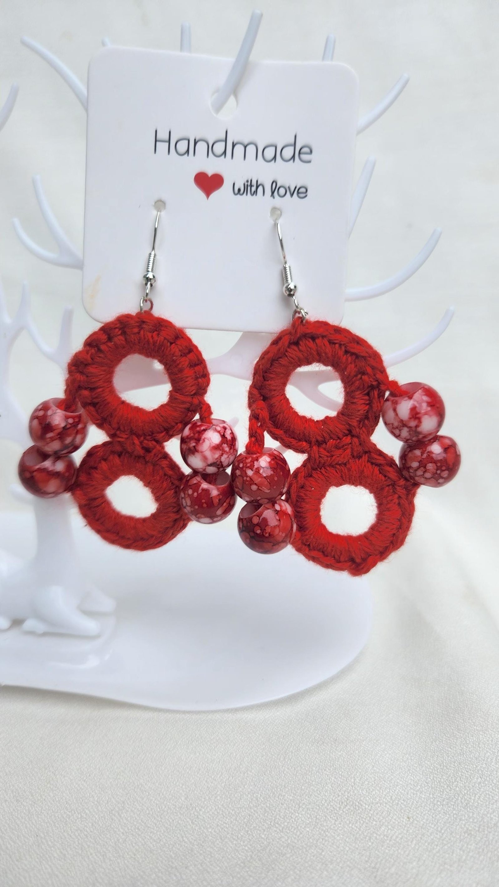 Crochet Beaded Hourglass Earrings: Retro Number Eight Dangles; Handmade Special Jewelry Gifts