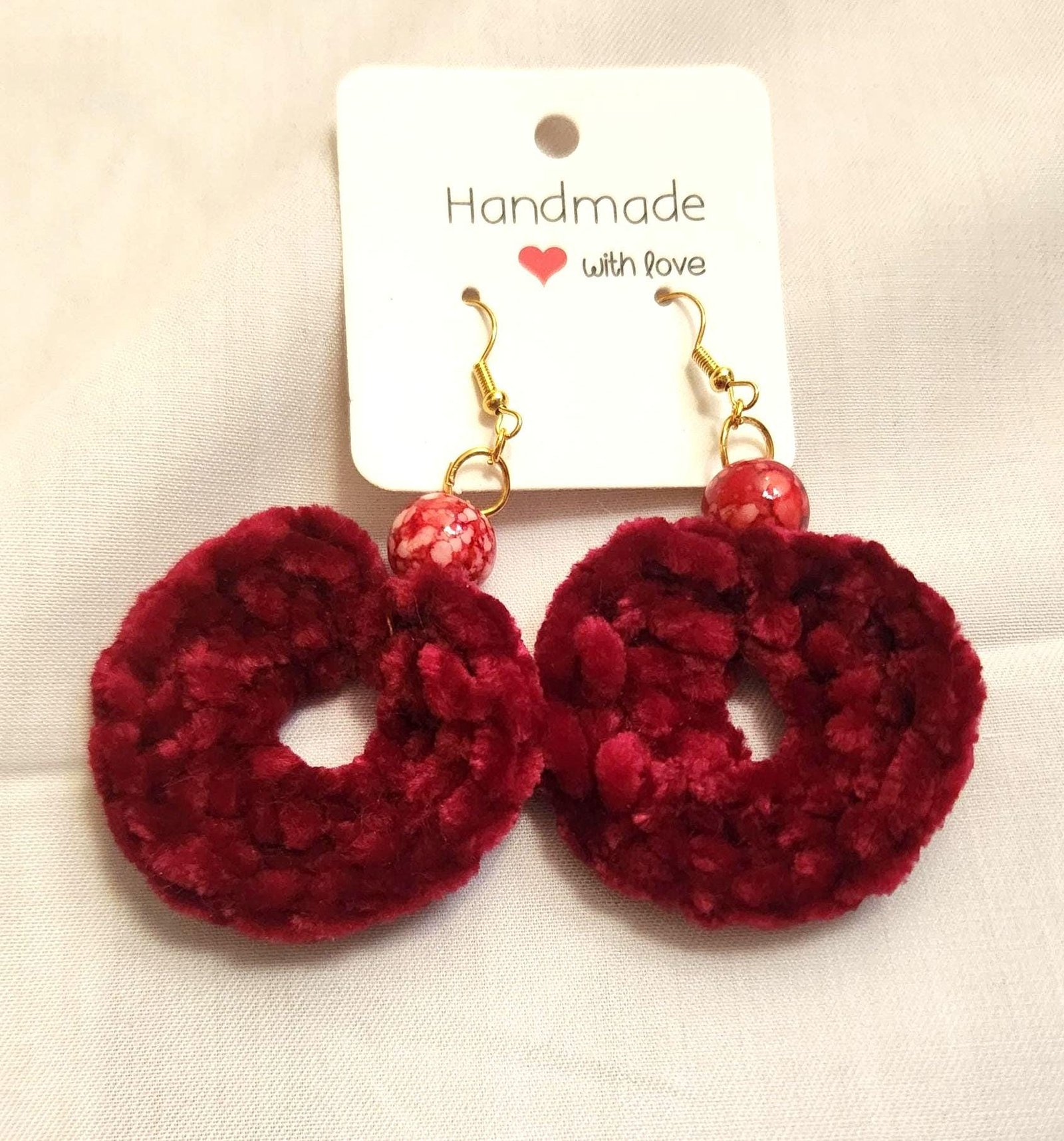 Handmade Velvet Hoop Earrings: Crochet Bead Jewelry, Donut Loop