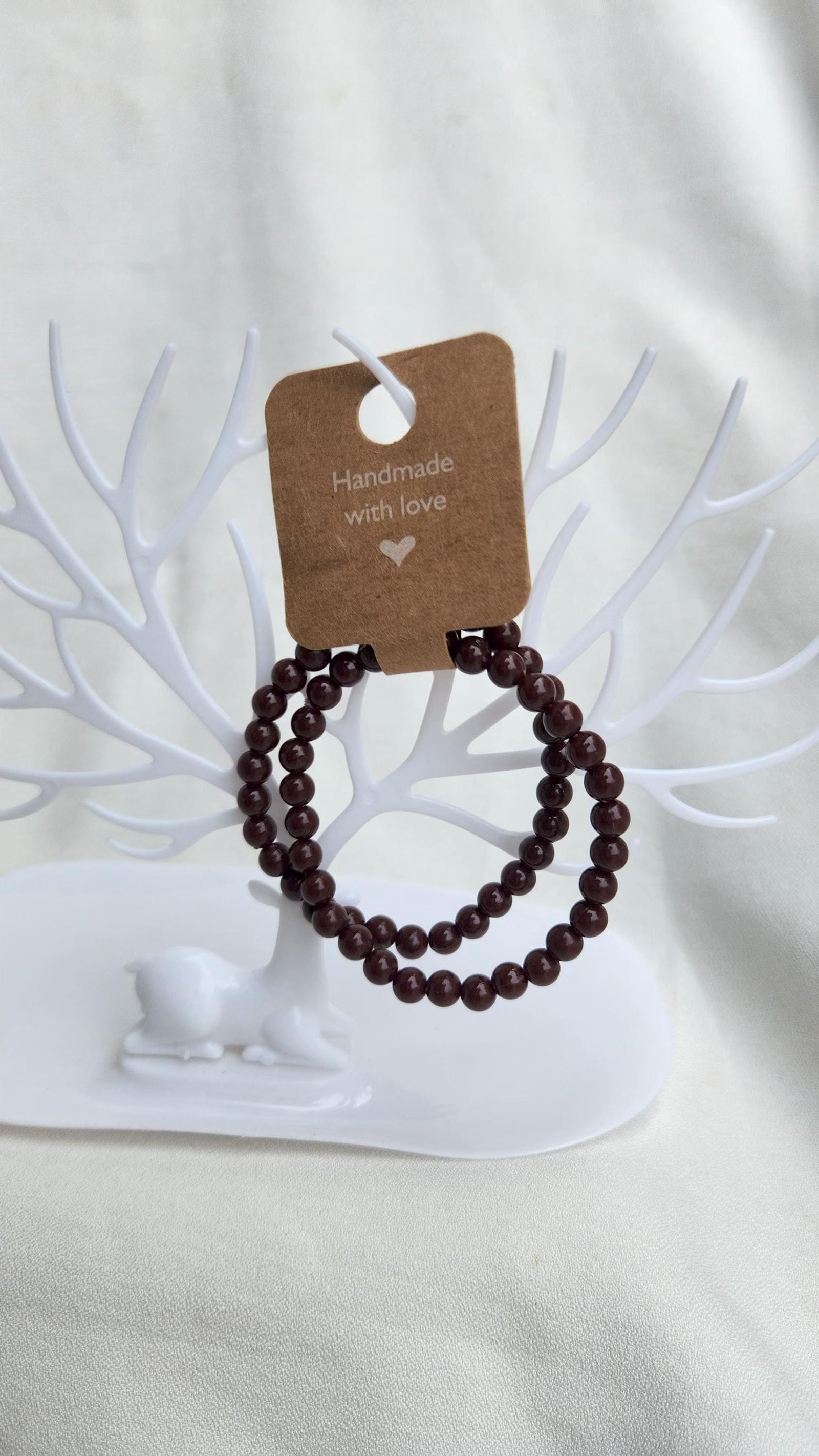 Handmade Brown Faux Pearl Elastic Bracelet, Gold Accent Beads