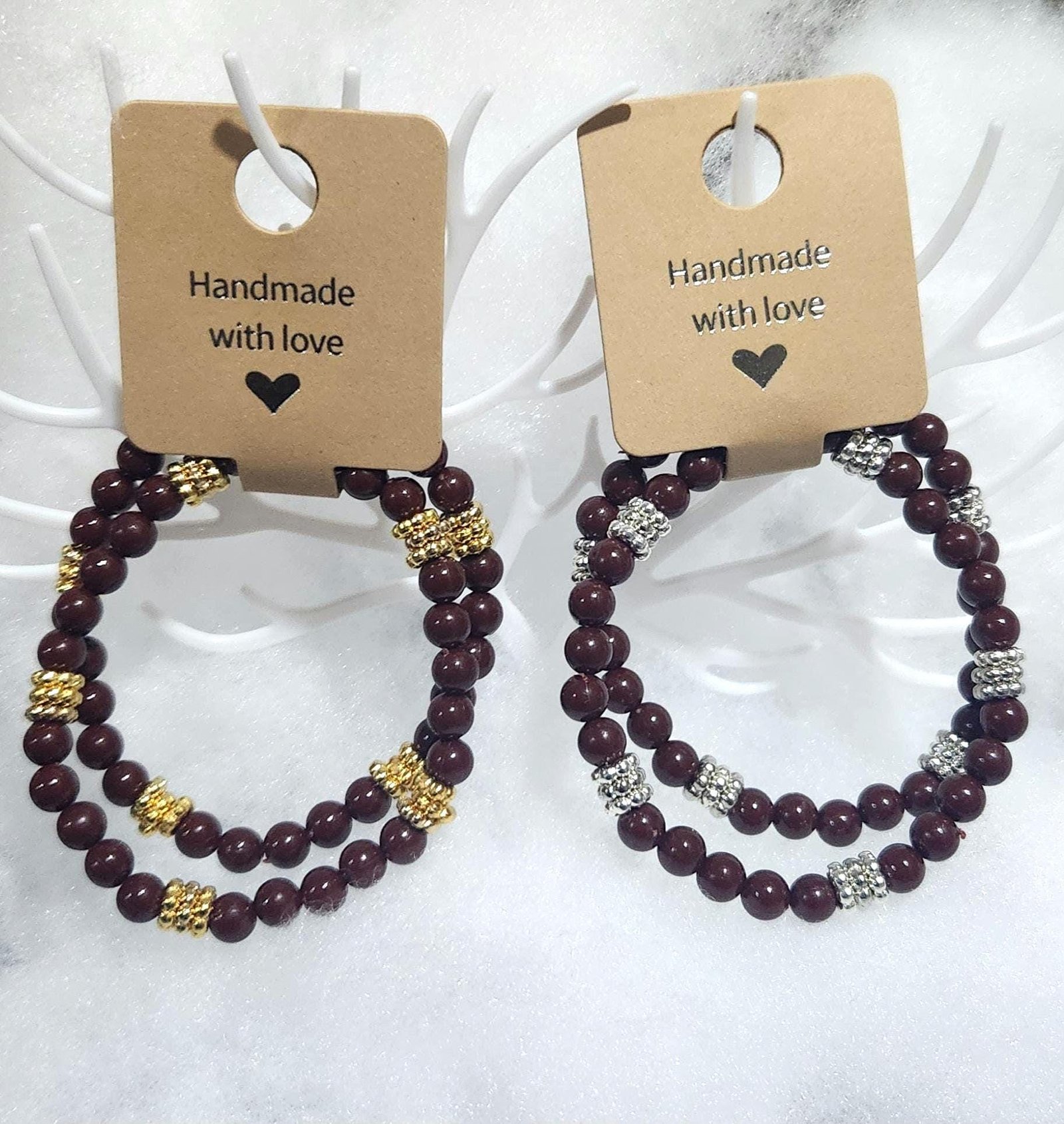 Handmade Brown Faux Pearl Elastic Bracelet, Gold Accent Beads