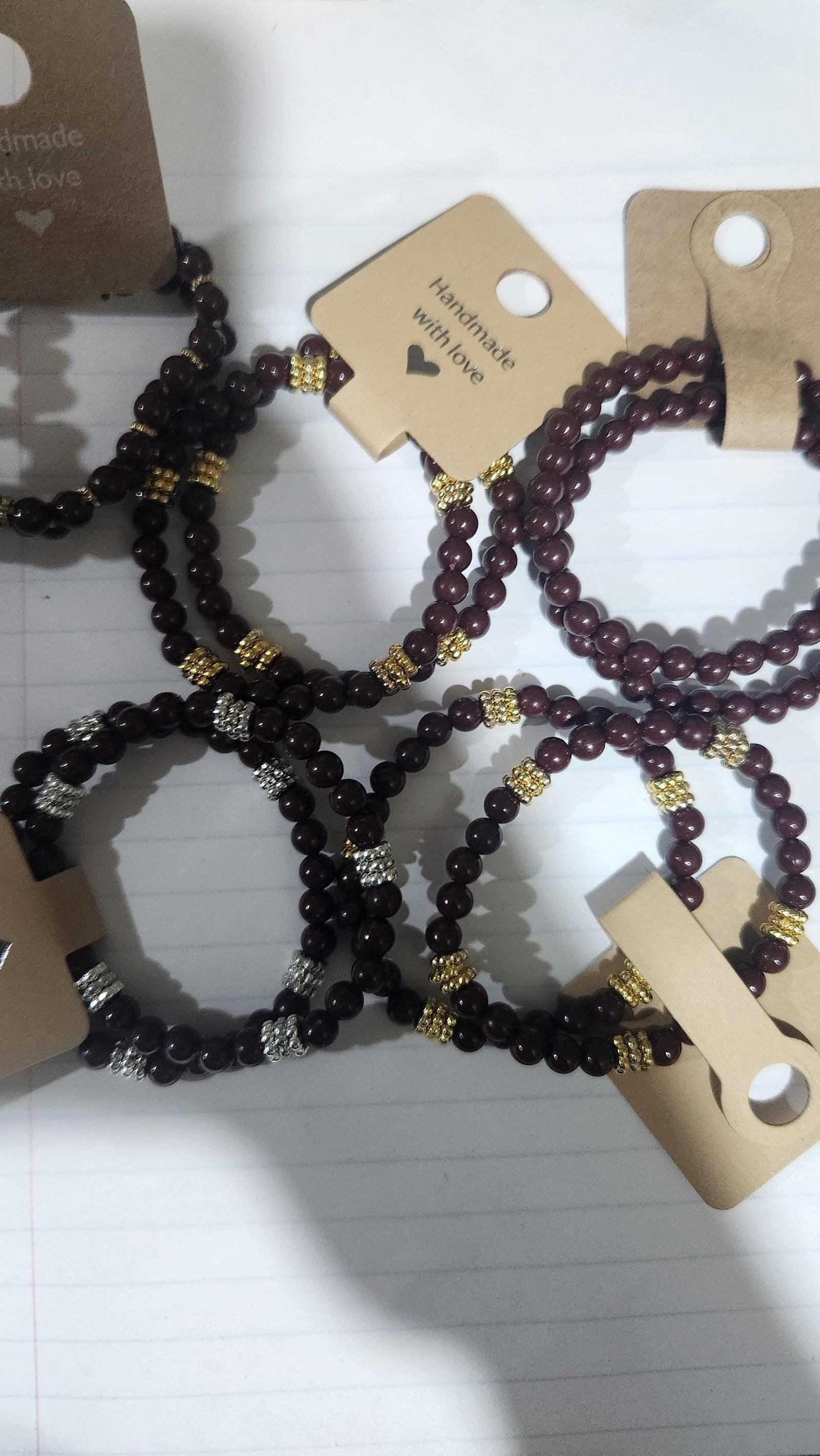 Handmade Brown Faux Pearl Elastic Bracelet, Gold Accent Beads