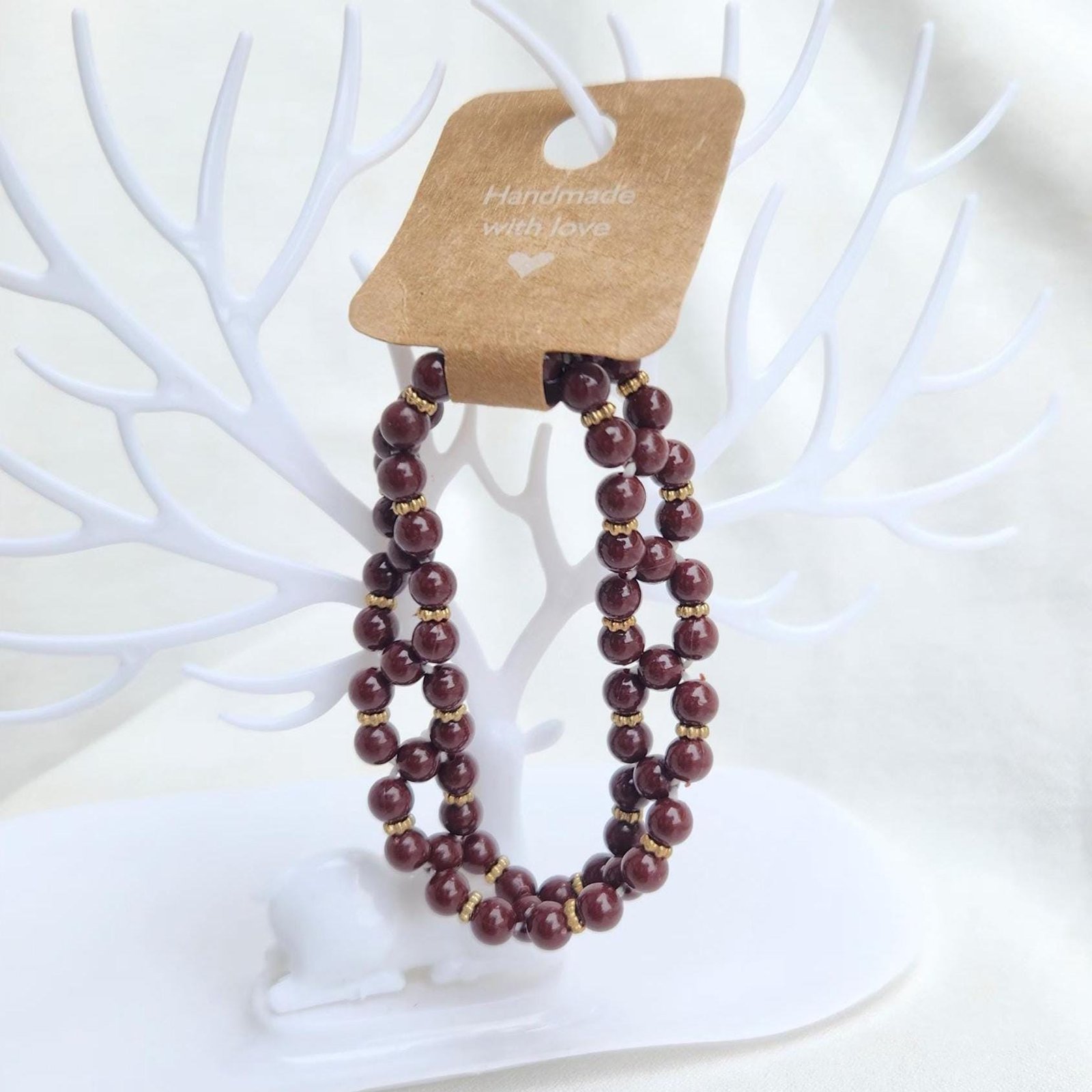 Handmade Brown Faux Pearl Elastic Bracelet, Gold Accent Beads