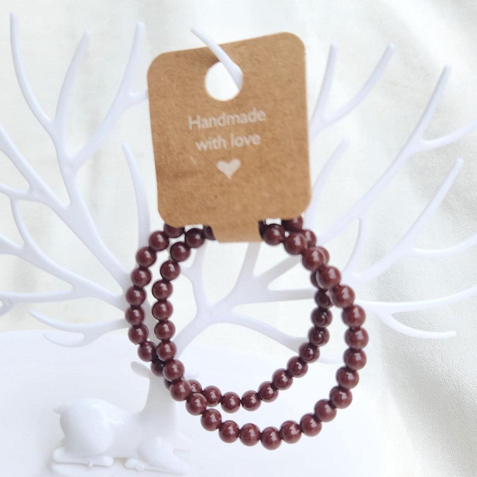 Handmade Brown Faux Pearl Elastic Bracelet, Gold Accent Beads