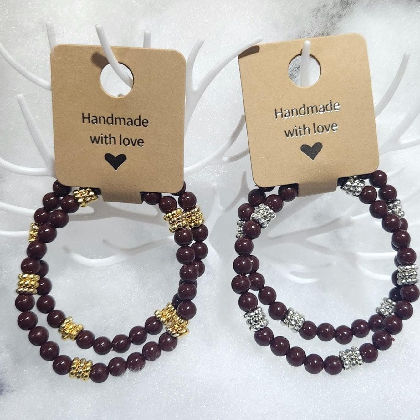 Handmade Brown Faux Pearl Elastic Bracelet, Gold Accent Beads