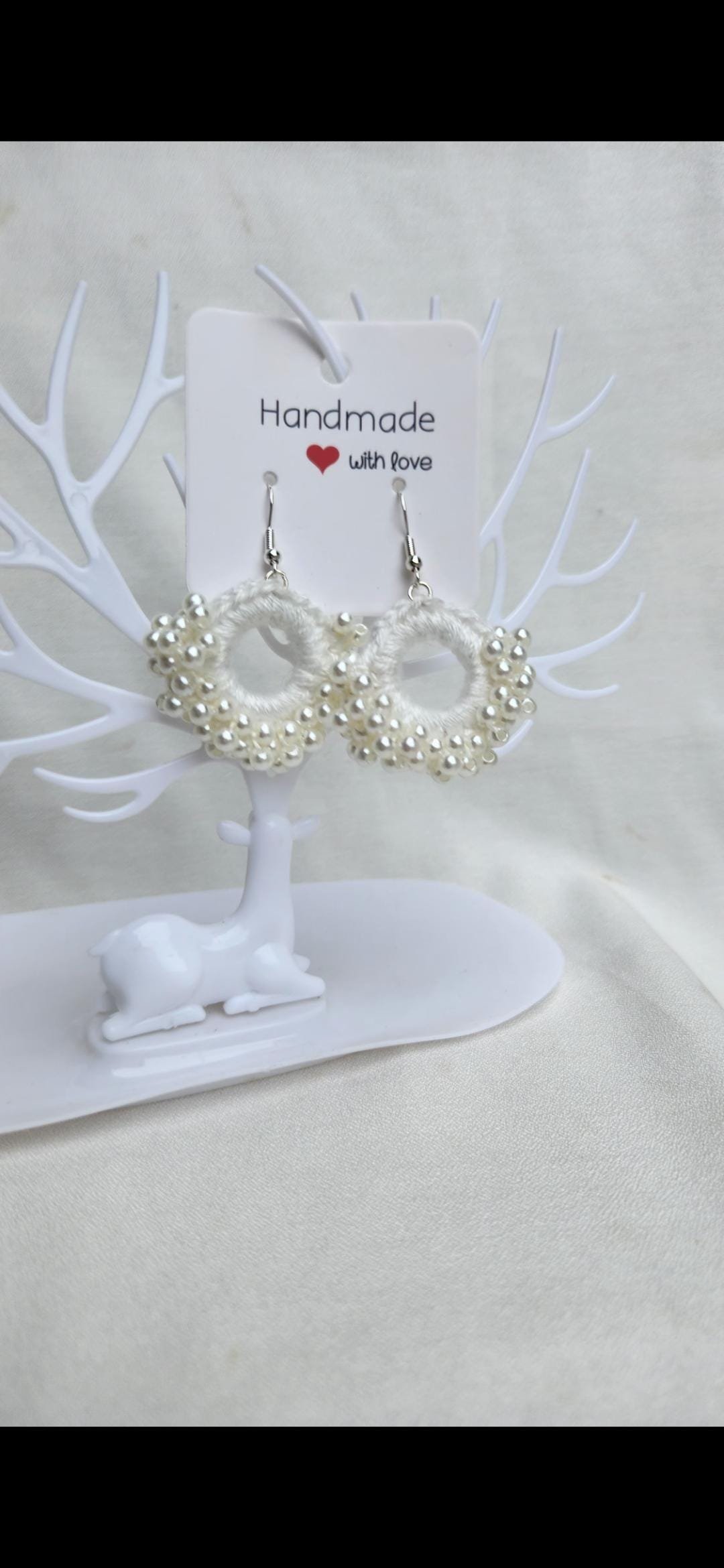 Handmade Cotton Pearl Earrings; Crochet Beaded Circular Jewelry; Minimalist Wedding and Gift Accessories