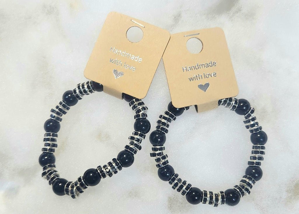 Black Gothic-Inspired Beaded Elastic Beaded Bracelets; Faux Pearl Wrist and Anklet Jewelry