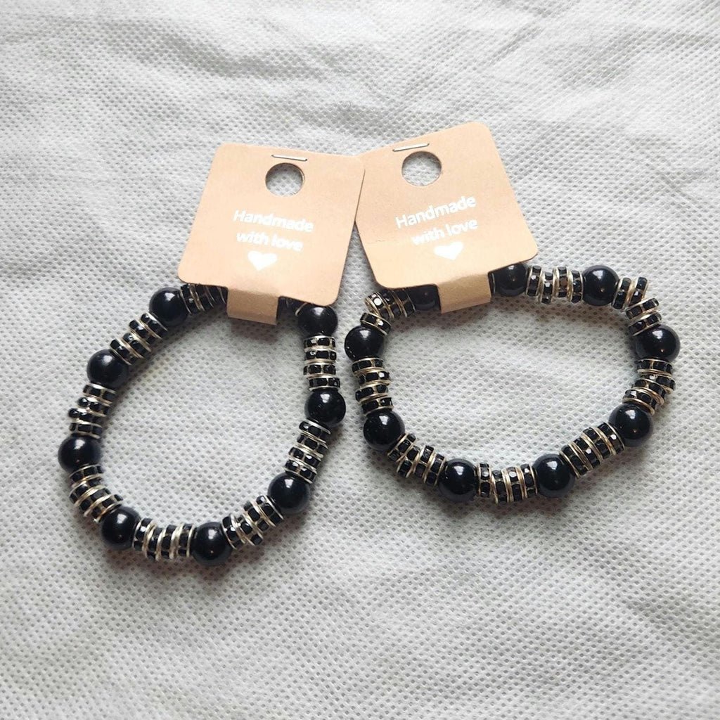 Black Gothic-Inspired Beaded Elastic Beaded Bracelets; Faux Pearl Wrist and Anklet Jewelry