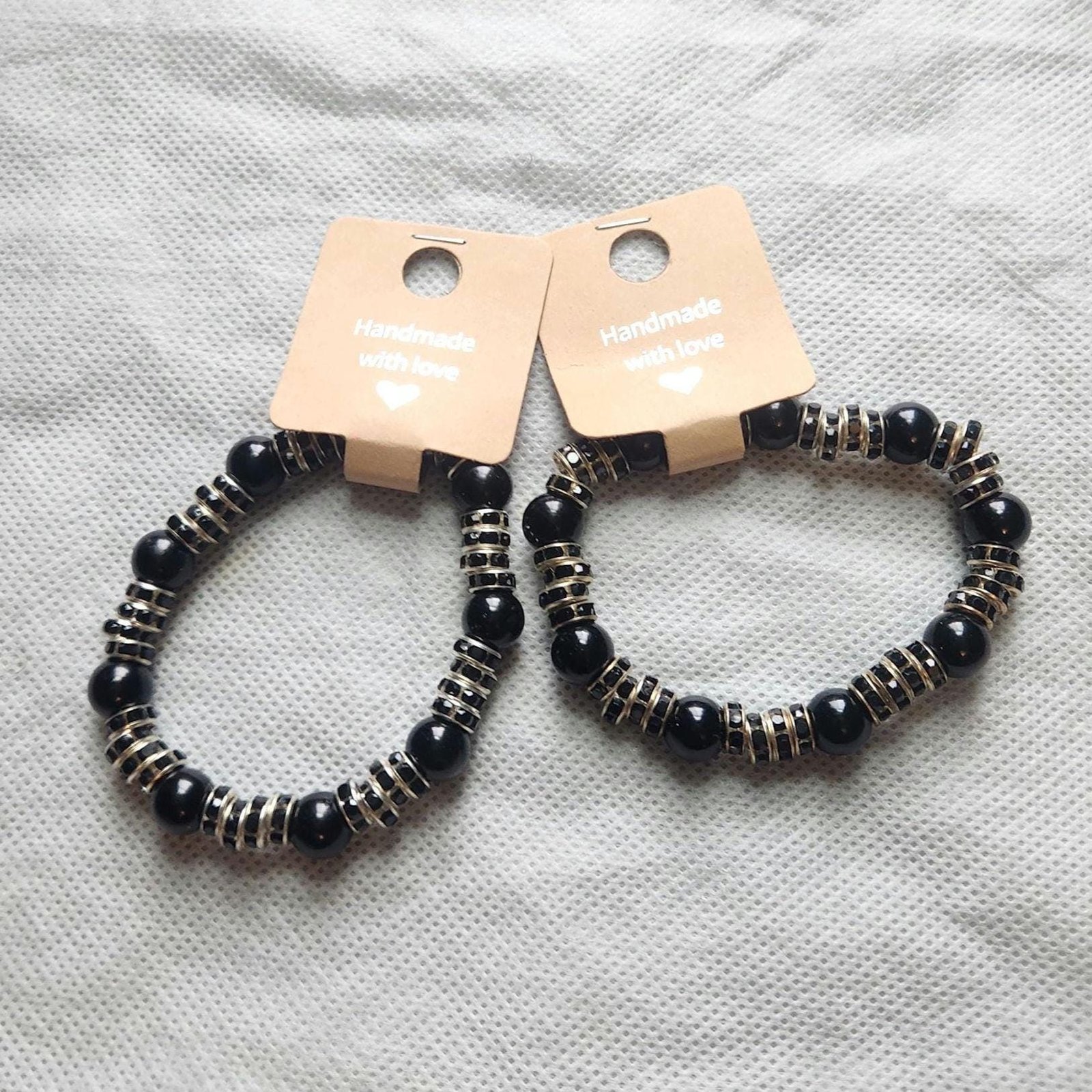 Black Gothic-Inspired Beaded Elastic Beaded Bracelets; Faux Pearl Wrist and Anklet Jewelry
