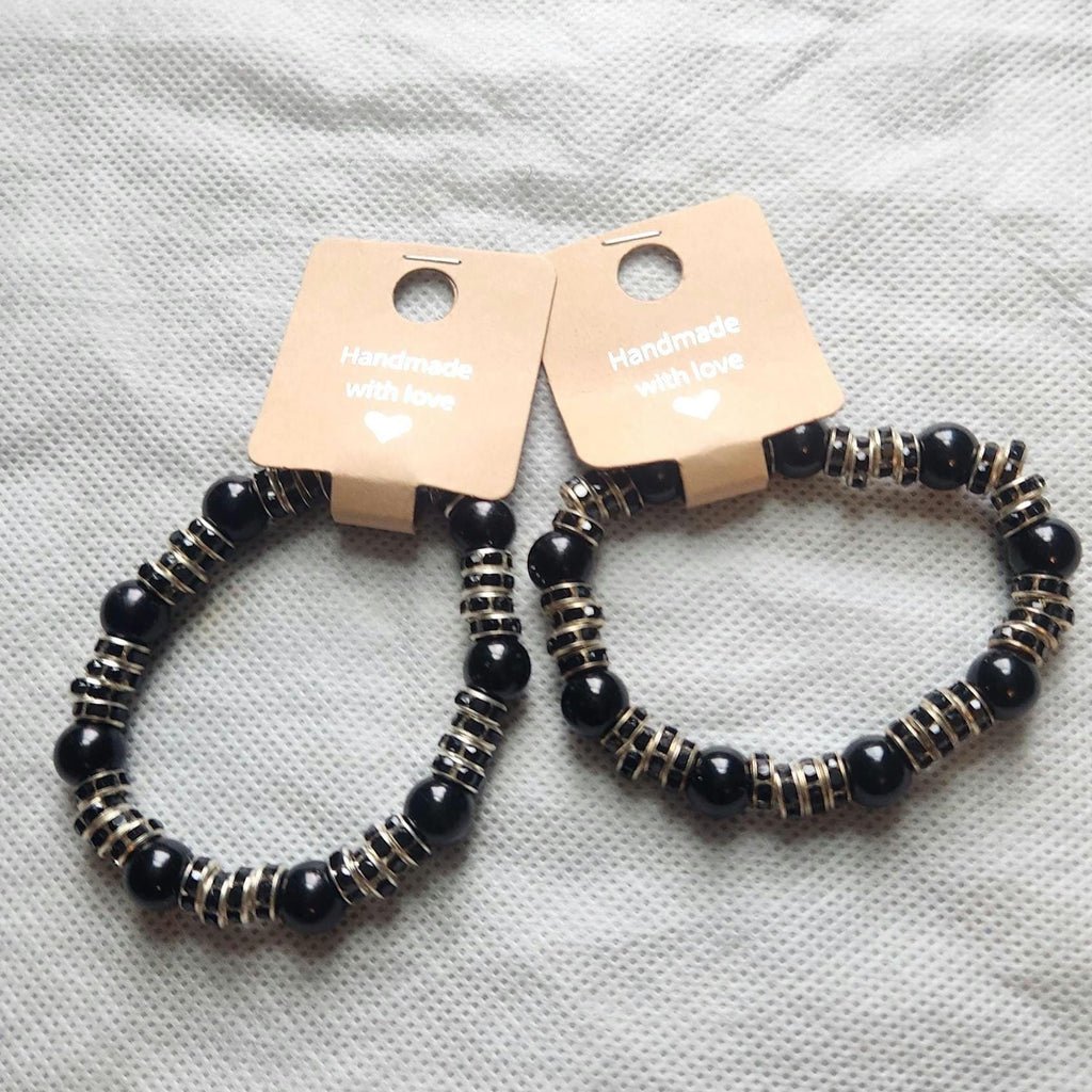 Black Gothic-Inspired Beaded Elastic Beaded Bracelets; Faux Pearl Wrist and Anklet Jewelry
