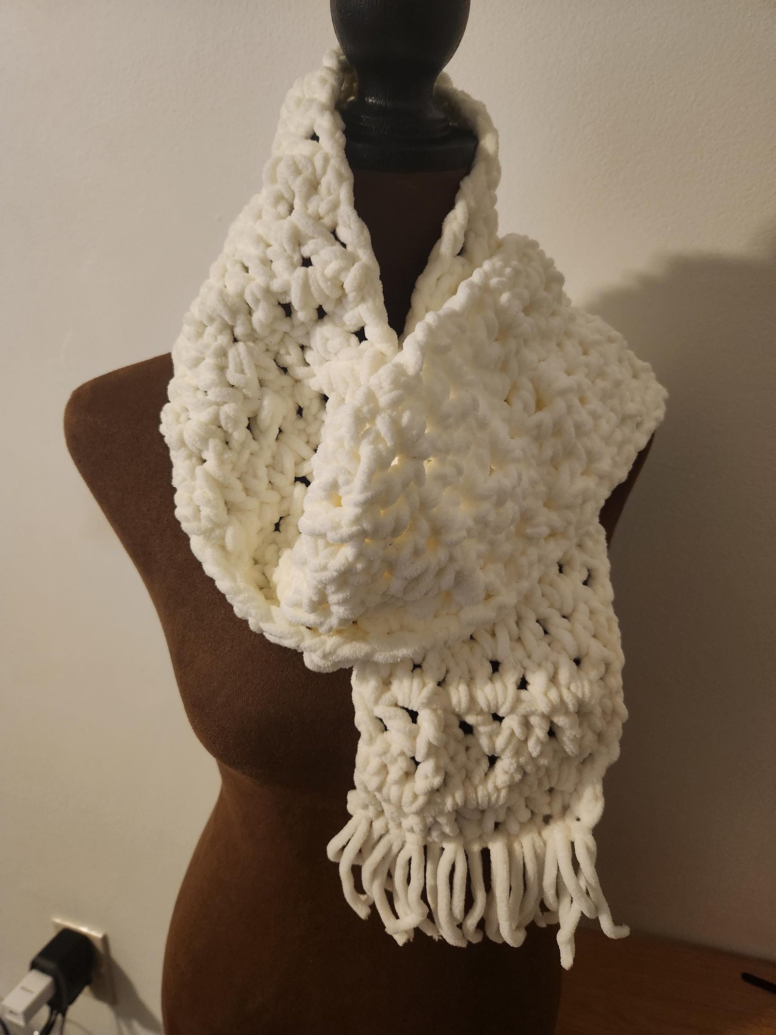 Winter Mesh Shawl with Fringe; Handmade Crochet Chunky Neck Scarf; Cozy, Thick, and Warm Gift Accessories