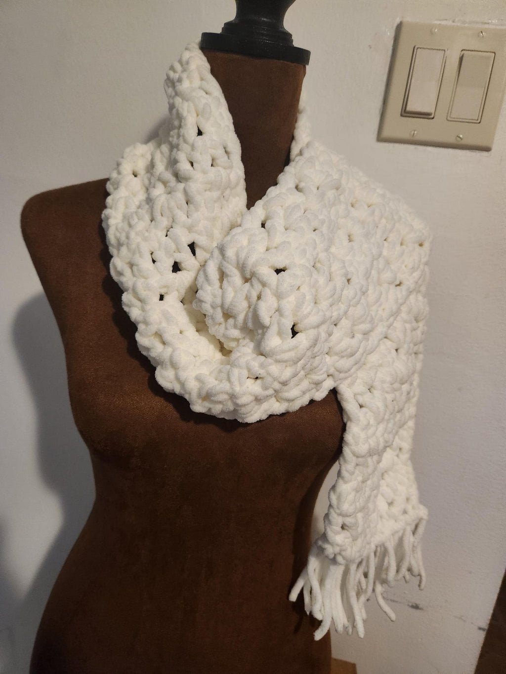 Winter Mesh Shawl with Fringe; Handmade Crochet Chunky Neck Scarf; Cozy, Thick, and Warm Gift Accessories