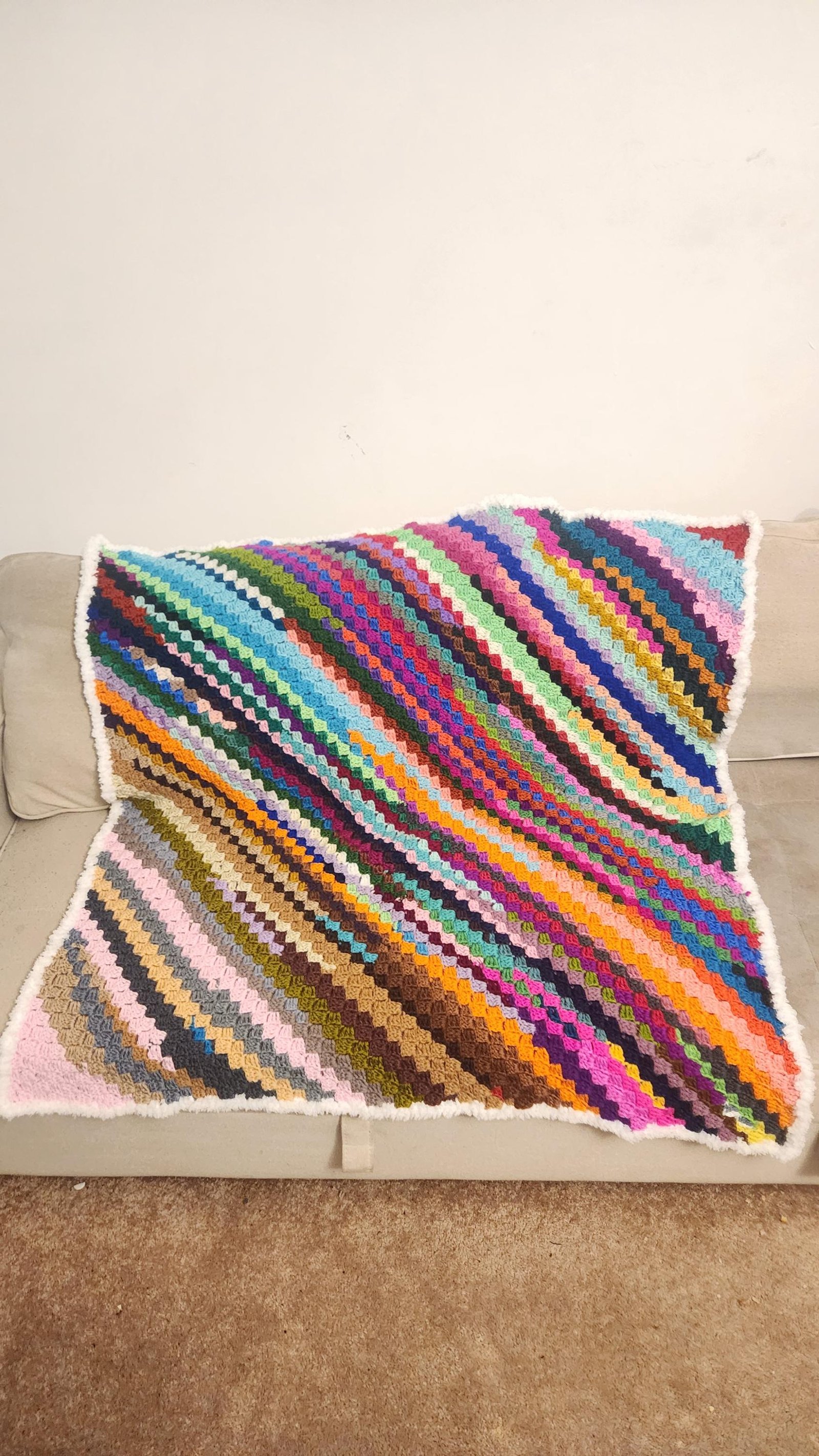 Crochet Children's Blanket: Colorful Striped Cozy Throw with Furry Edge; Handmade Crochet Bedding for Kids