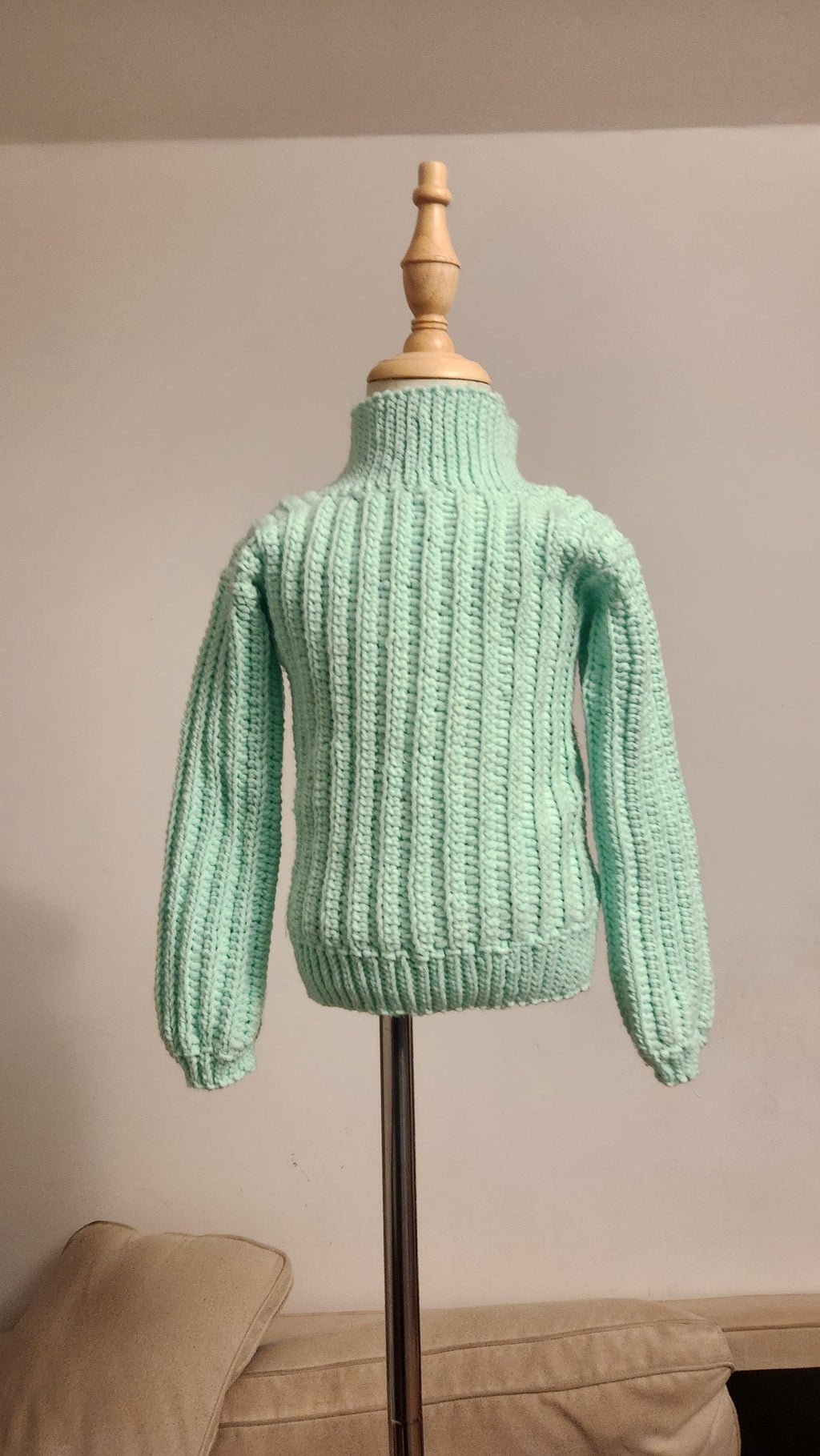 Children's Turtleneck Sweater; Handmade Crochet Mint Green Winter Sweater for Toddlers & Preschoolers