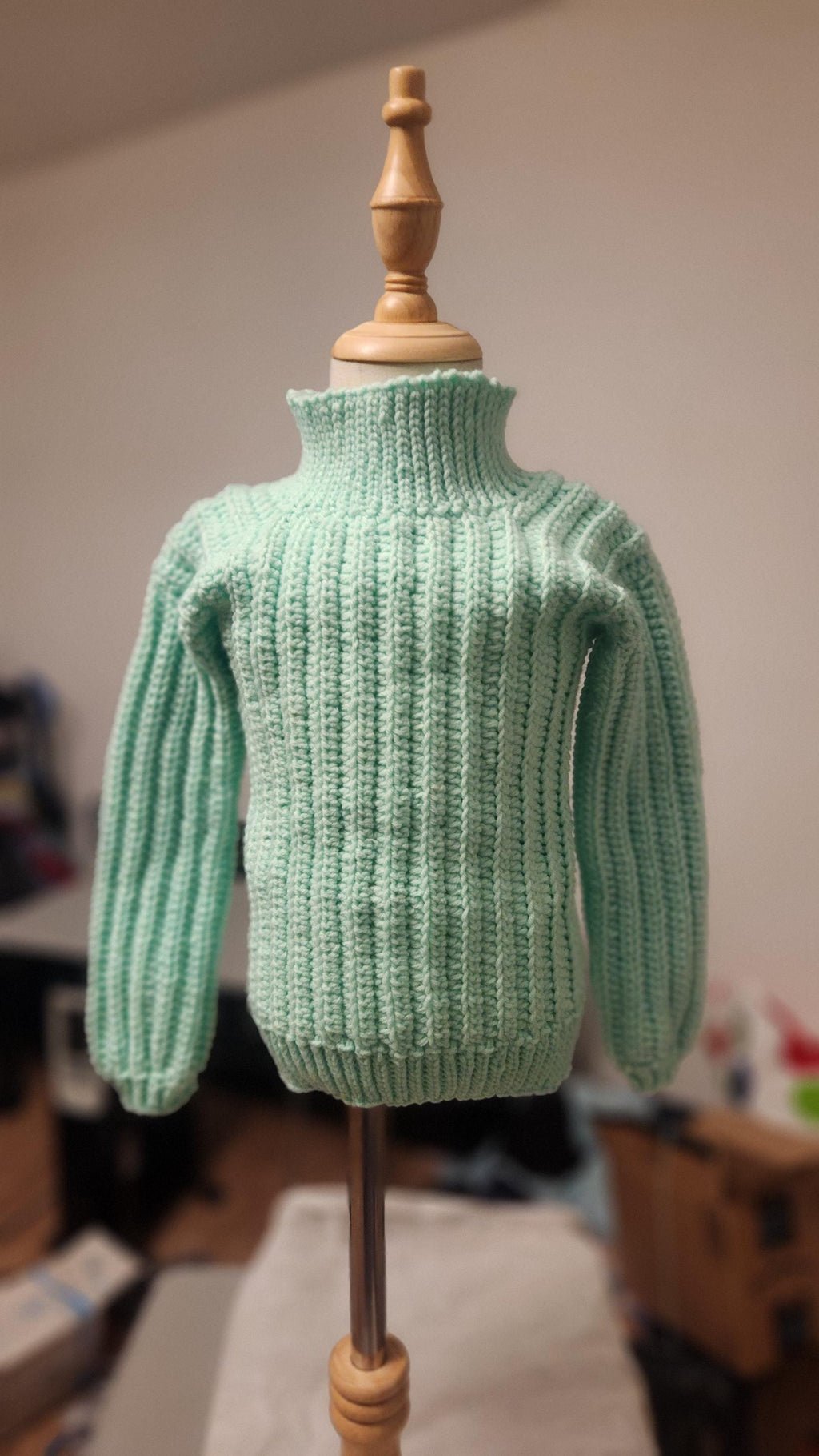 Children's Turtleneck Sweater; Handmade Crochet Mint Green Winter Sweater for Toddlers & Preschoolers