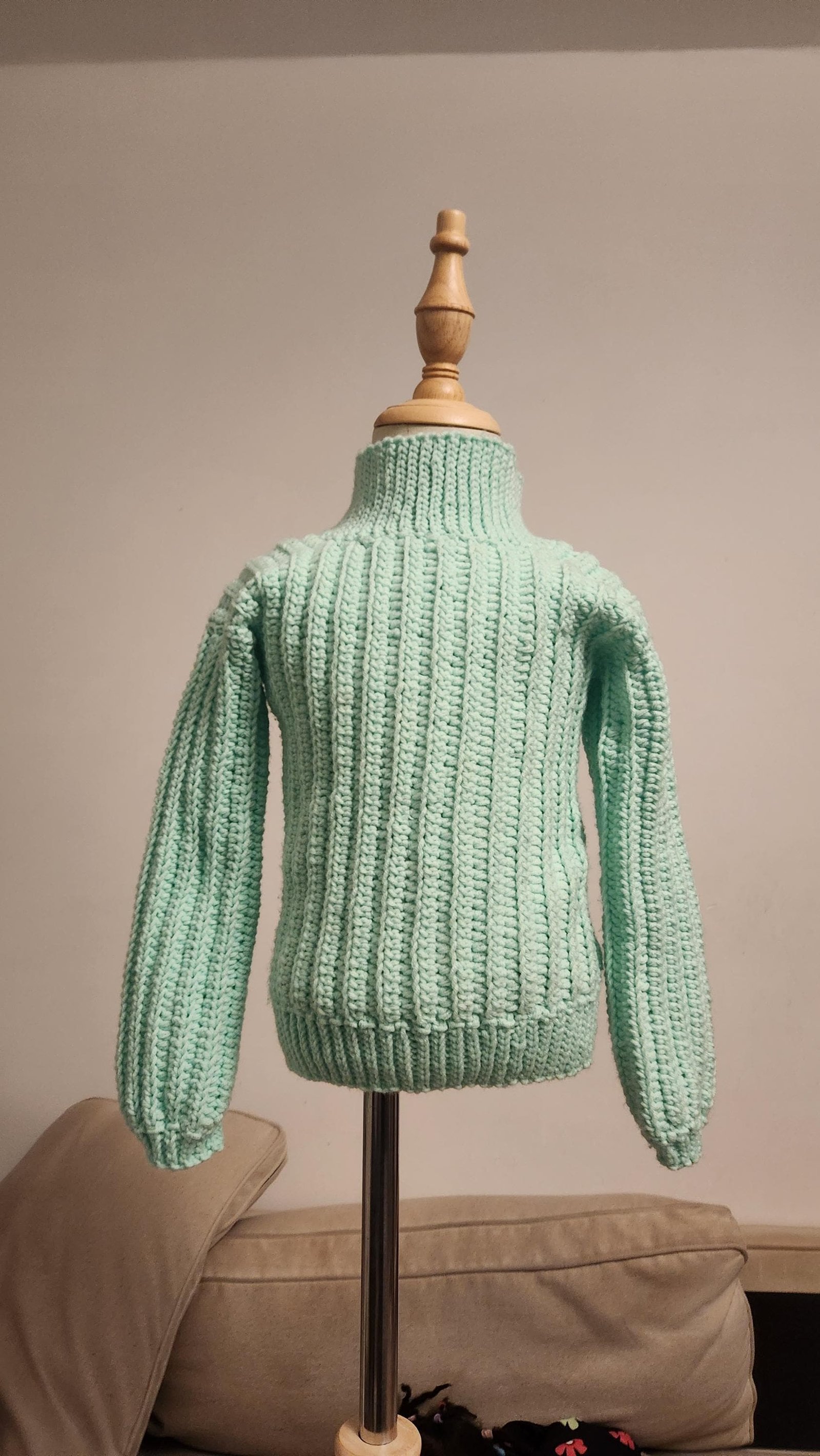 Children's Turtleneck Sweater; Handmade Crochet Mint Green Winter Sweater for Toddlers & Preschoolers