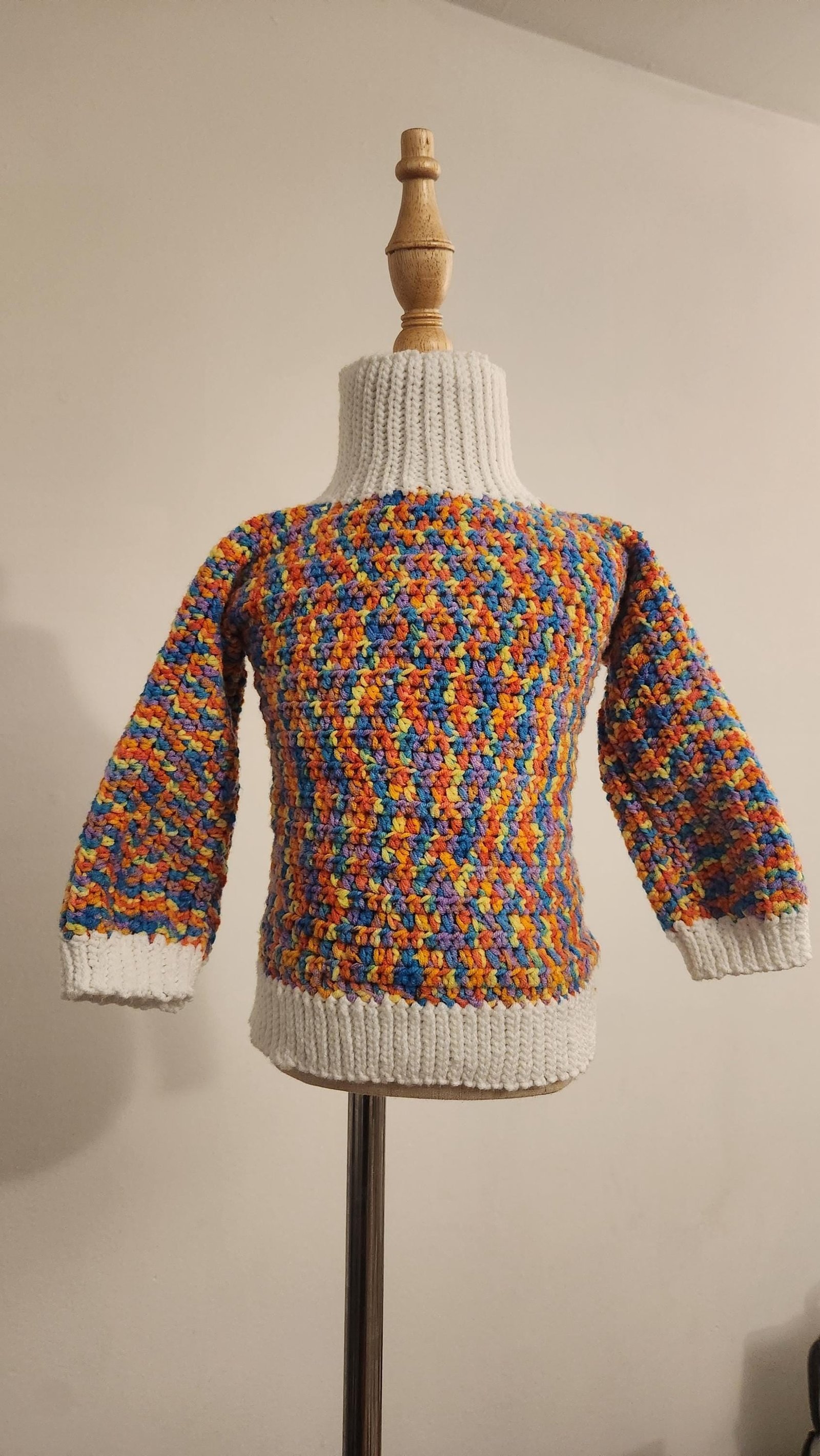 Kid's Variegated Sweater for Winter; Handmade Crochet Rainbow Thick Turtleneck Blouse for Toddlers & Preschoolers