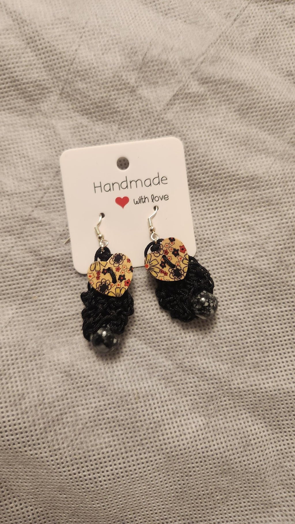 Beaded Heart Earrings; Handmade Crochet Black Jewelry