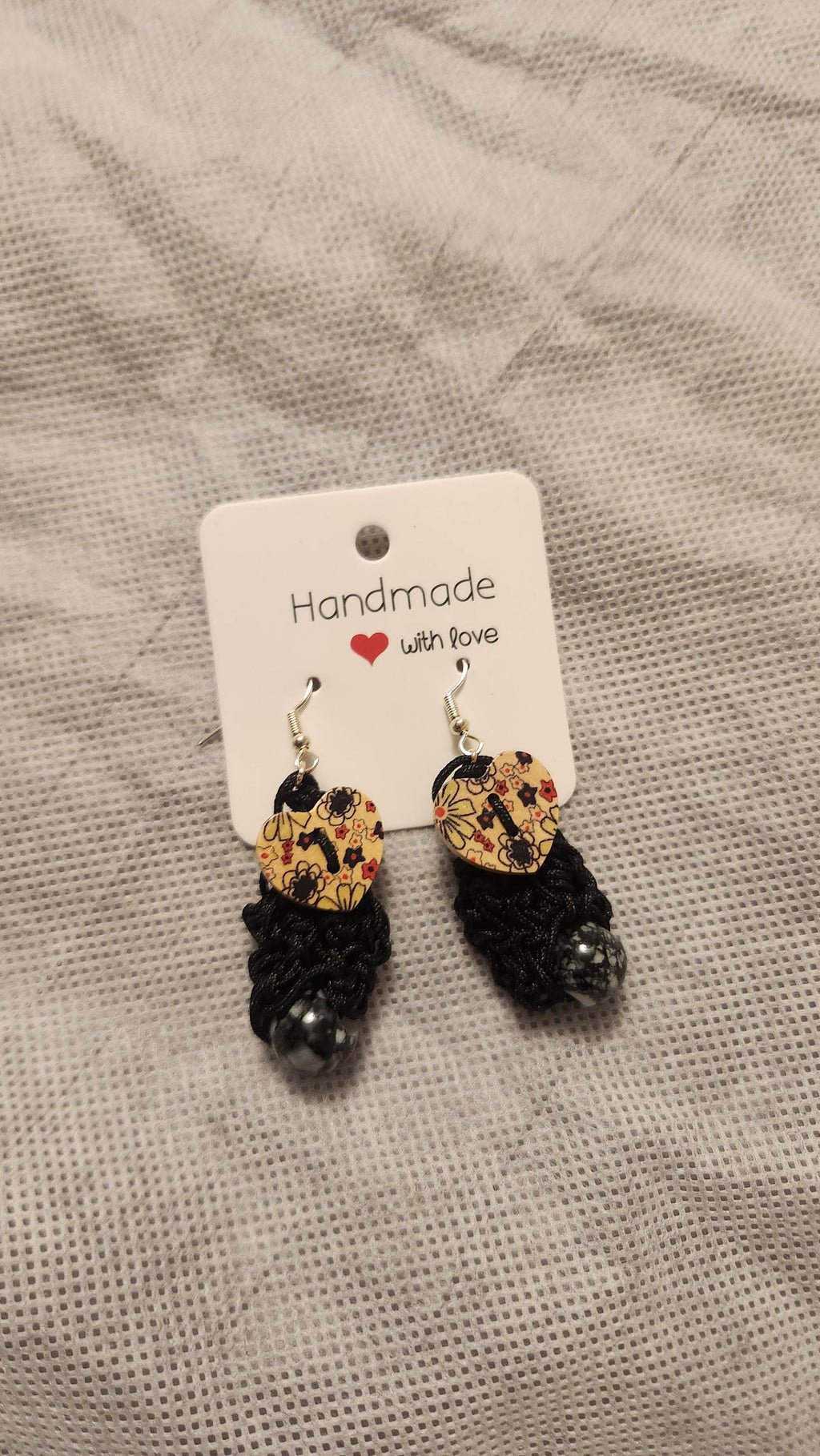 Beaded Heart Earrings; Handmade Crochet Black Jewelry