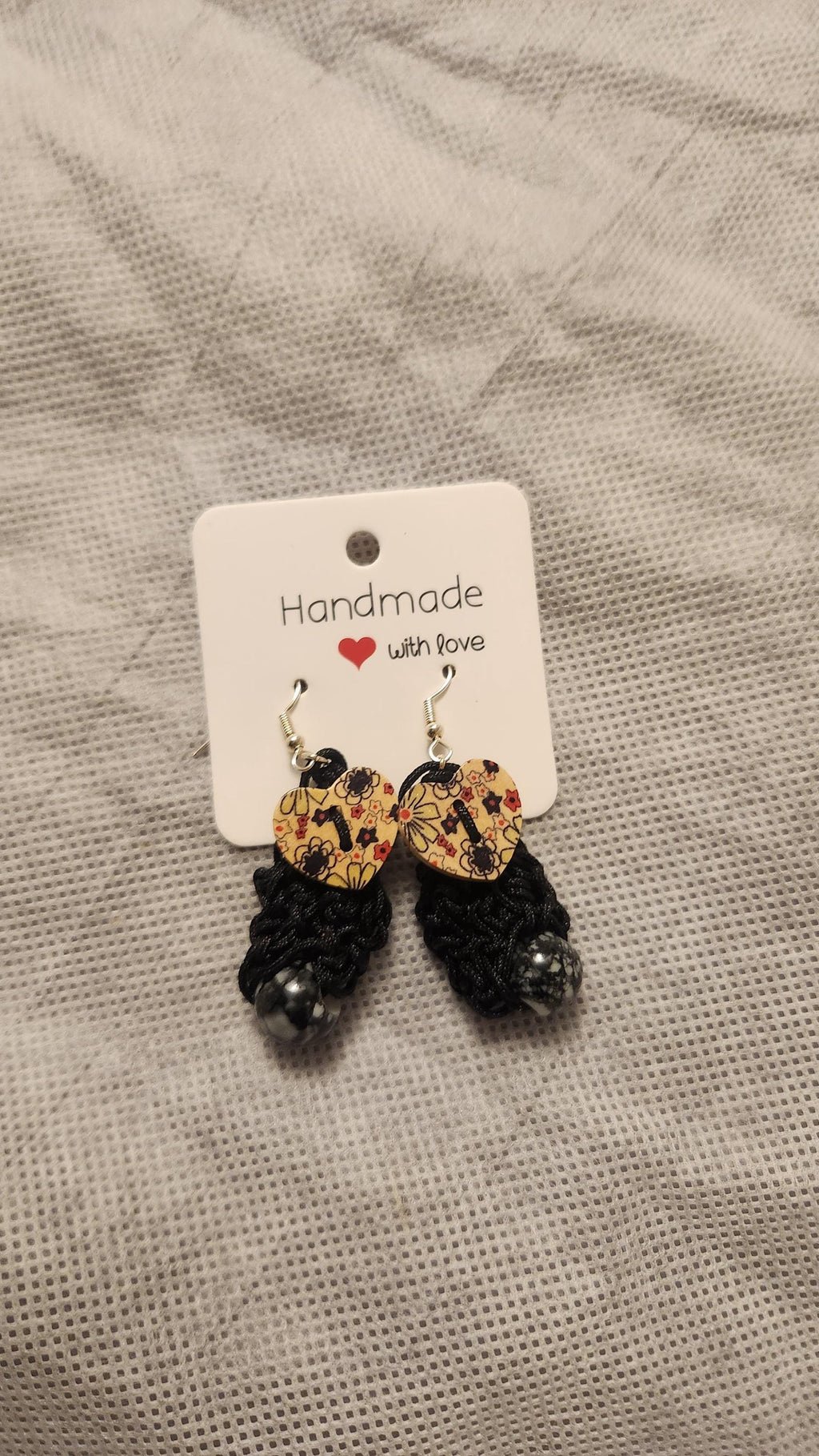 Beaded Heart Earrings; Handmade Crochet Black Jewelry
