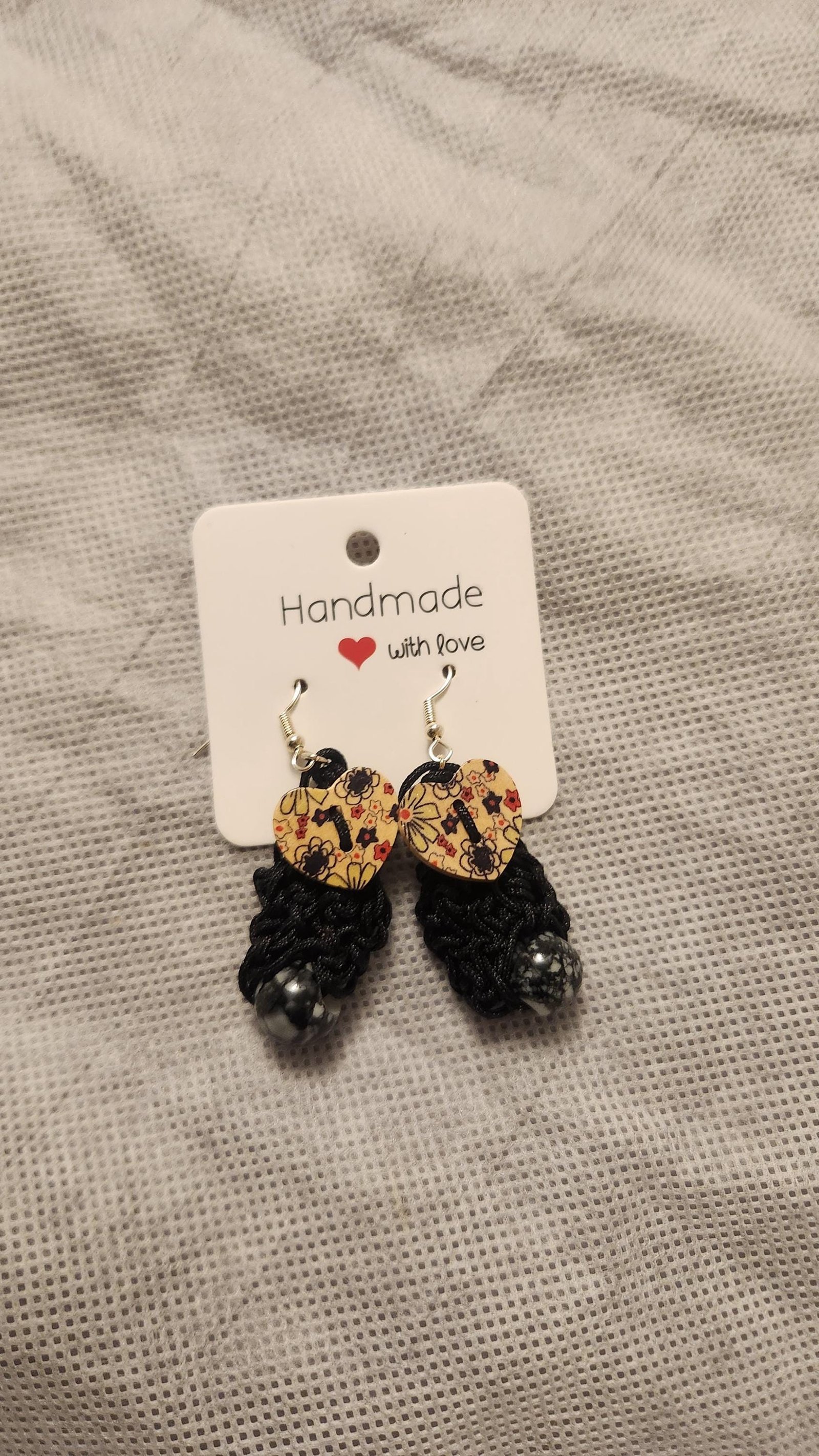 Beaded Heart Earrings; Handmade Crochet Black Jewelry