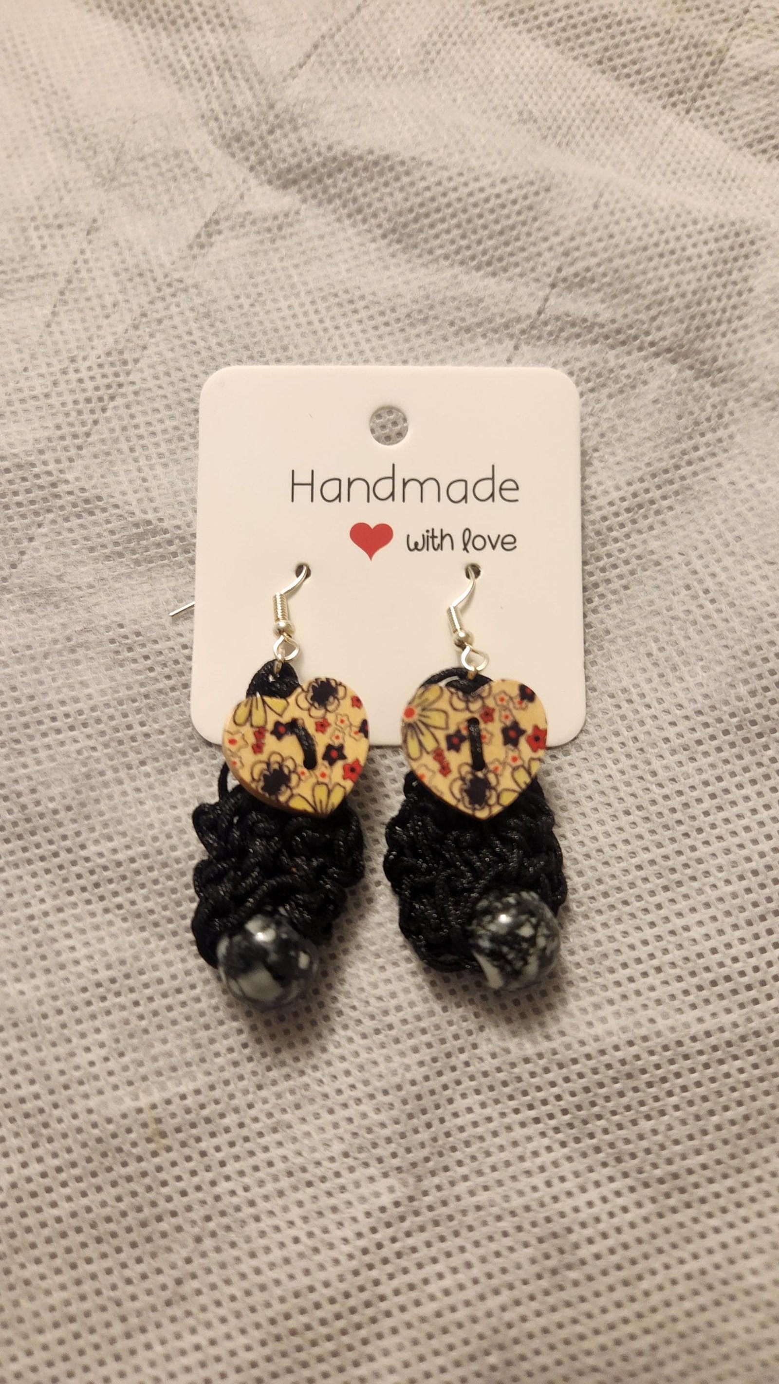 Beaded Heart Earrings; Handmade Crochet Black Jewelry