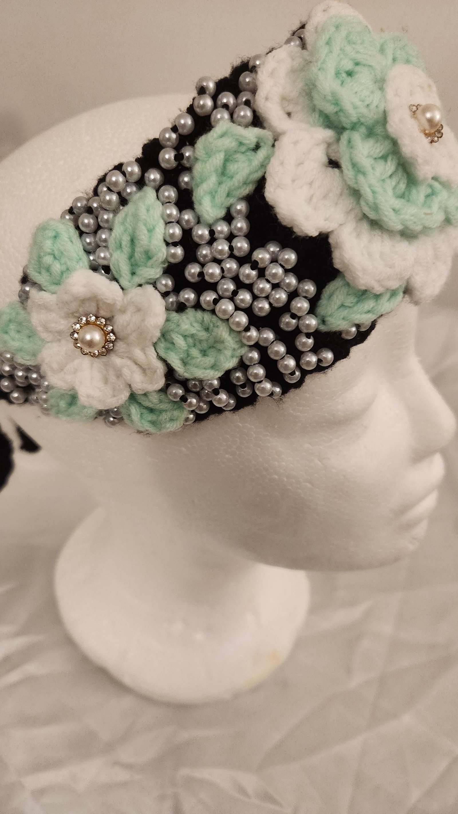 Girl's Handmade Headband: Children's Adjustable Crochet Tie Floral Wreath with Beaded Pearl Accents