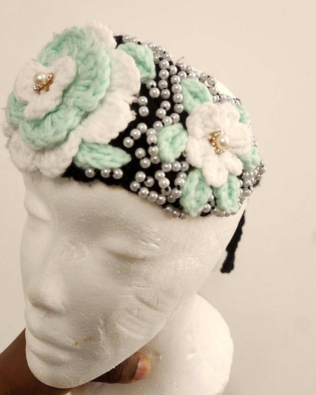Girl's Handmade Headband: Children's Adjustable Crochet Tie Floral Wreath with Beaded Pearl Accents