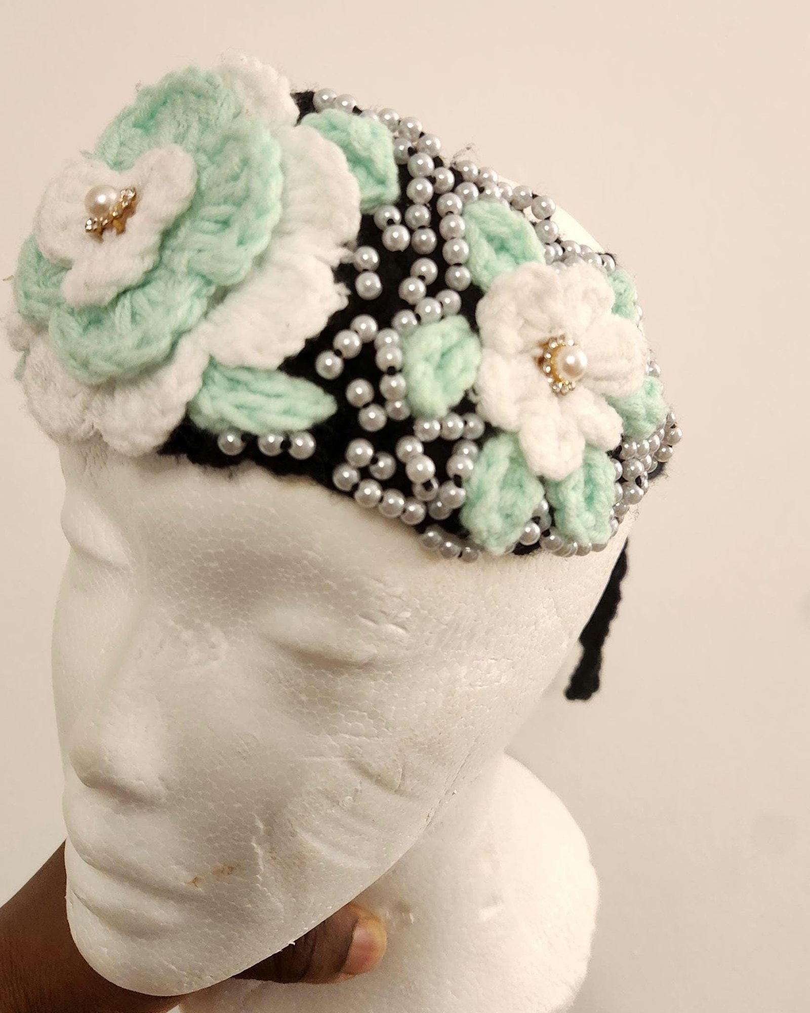 Girl's Handmade Headband: Children's Adjustable Crochet Tie Floral Wreath with Beaded Pearl Accents