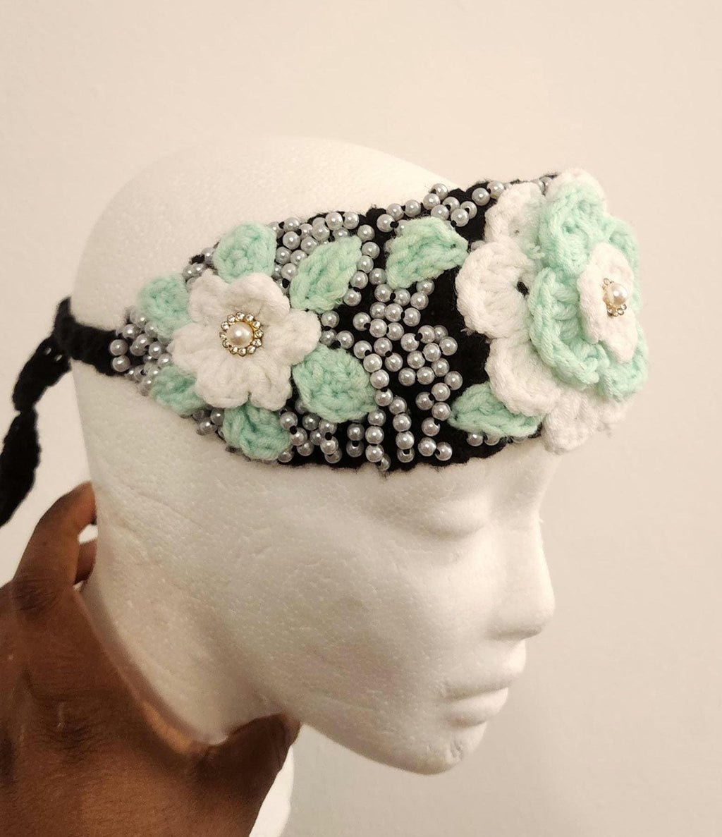 Girl's Handmade Headband: Children's Adjustable Crochet Tie Floral Wreath with Beaded Pearl Accents