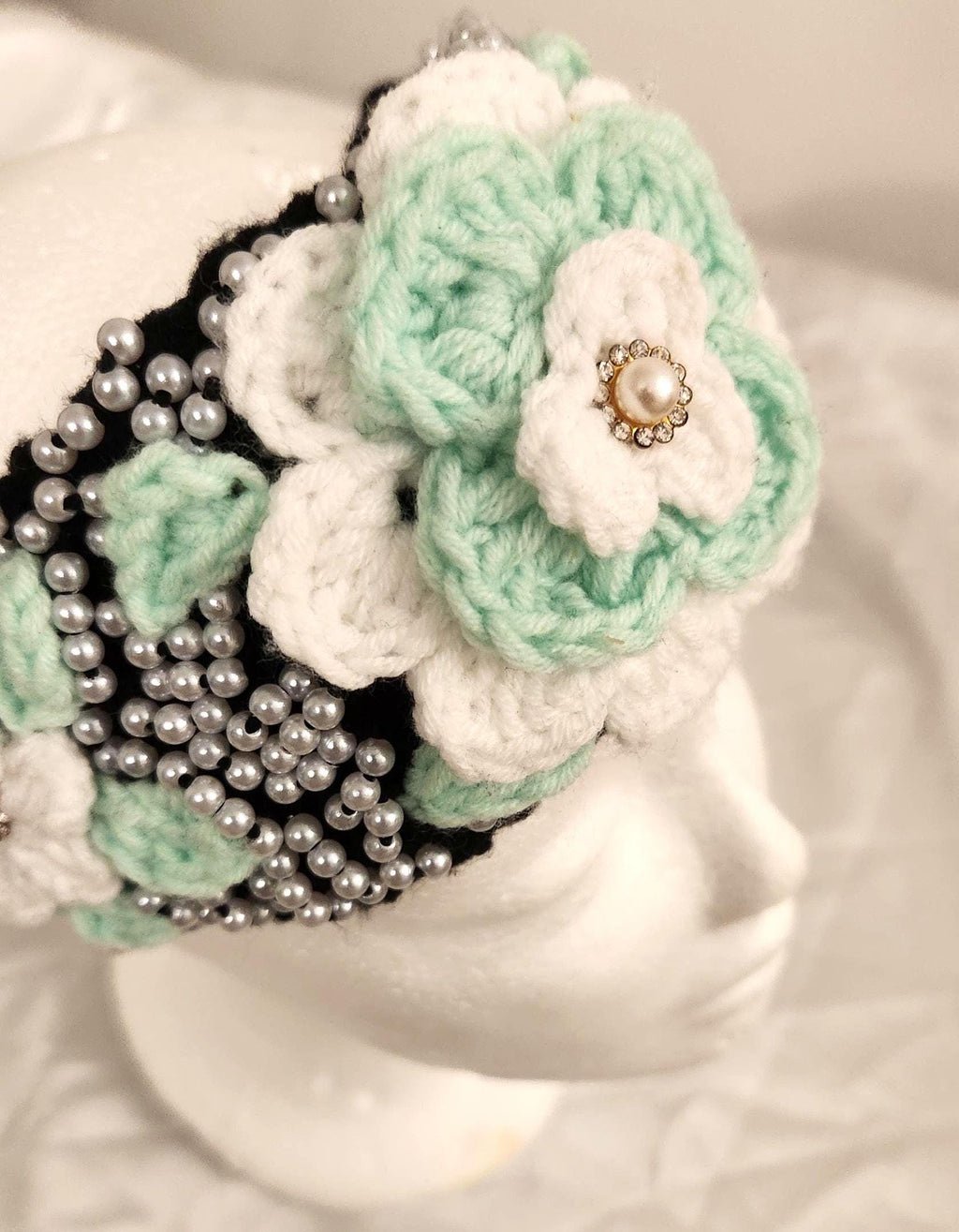 Girl's Handmade Headband: Children's Adjustable Crochet Tie Floral Wreath with Beaded Pearl Accents