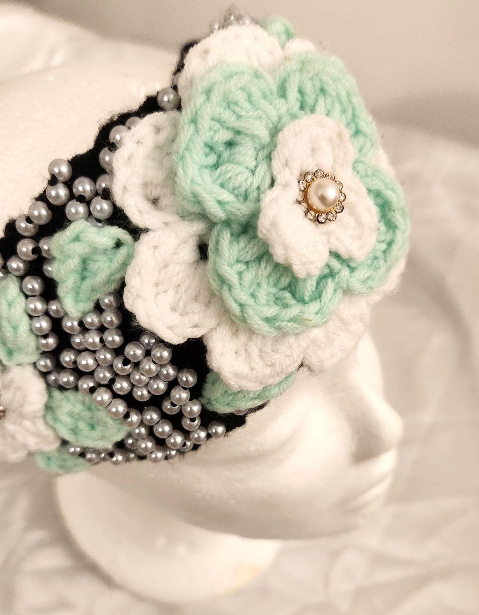 Girl's Handmade Headband: Children's Adjustable Crochet Tie Floral Wreath with Beaded Pearl Accents