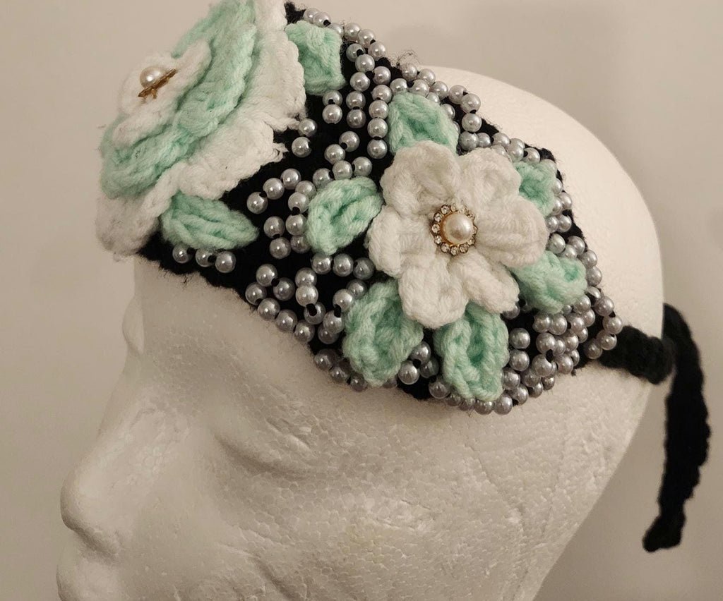 Girl's Handmade Headband: Children's Adjustable Crochet Tie Floral Wreath with Beaded Pearl Accents