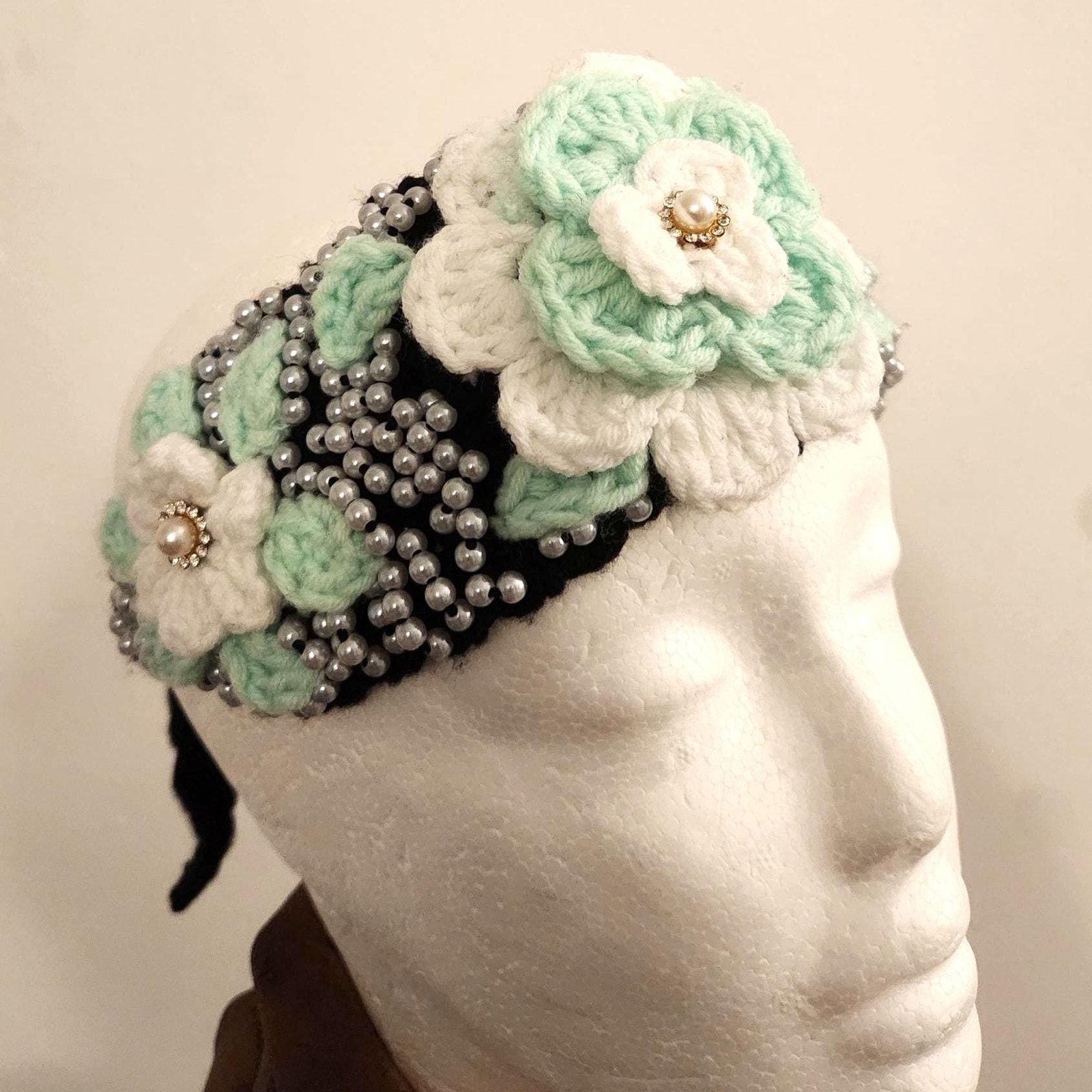 Girl's Handmade Headband: Children's Adjustable Crochet Tie Floral Wreath with Beaded Pearl Accents