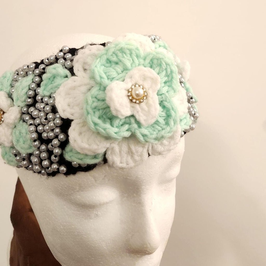 Girl's Handmade Headband: Children's Adjustable Crochet Tie Floral Wreath with Beaded Pearl Accents