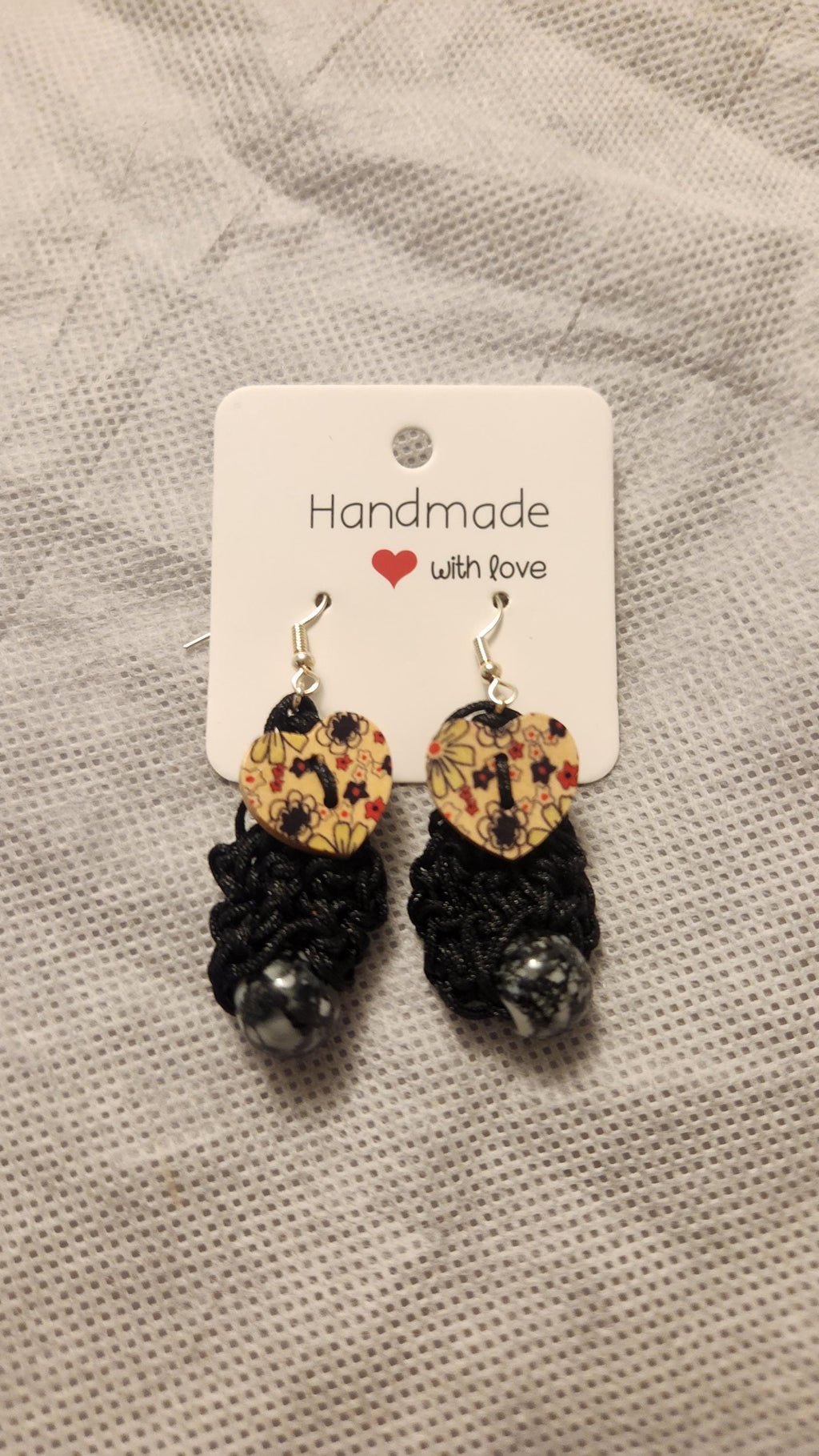 Beaded Heart Earrings; Handmade Crochet Black Jewelry