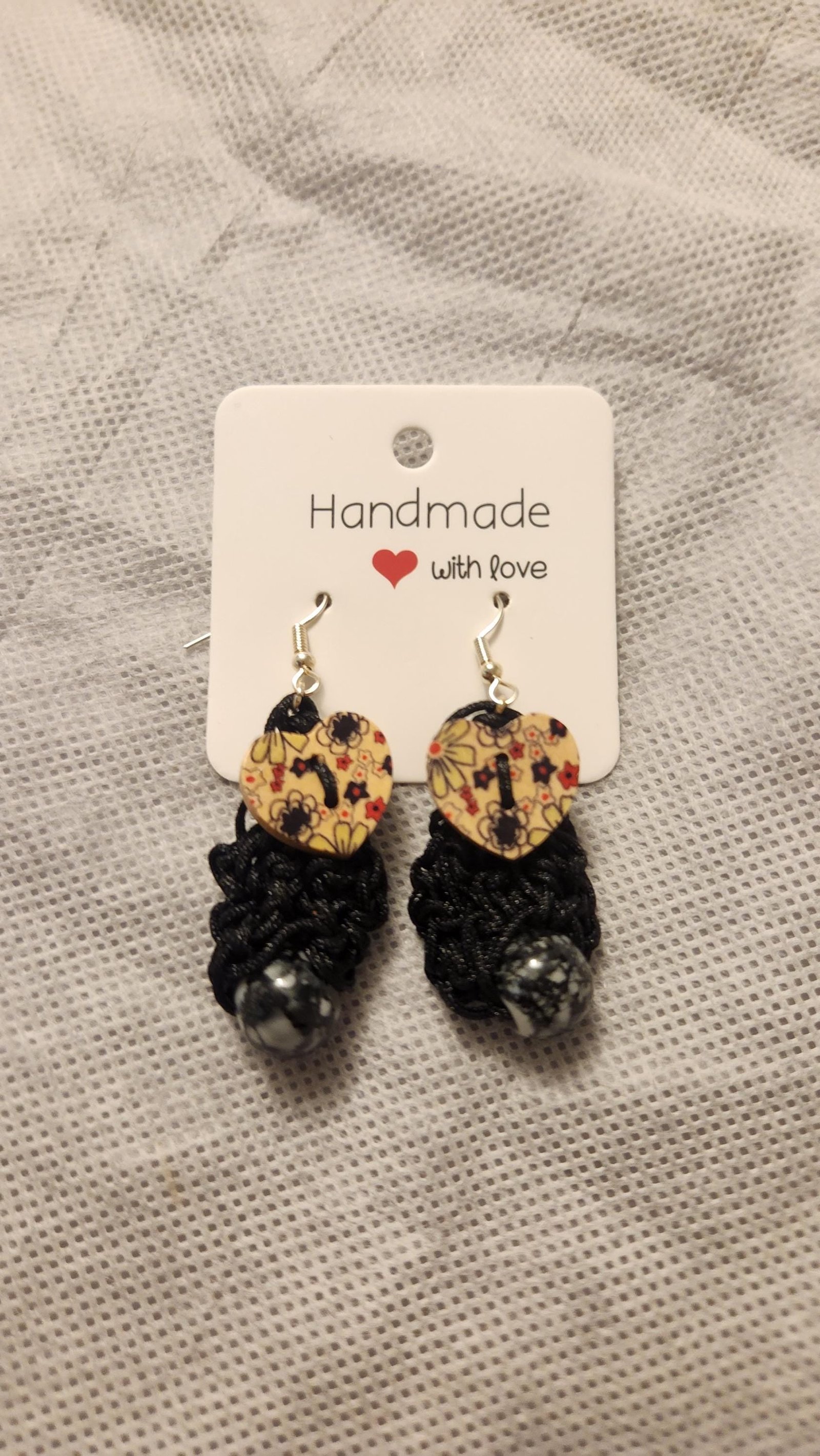 Beaded Heart Earrings; Handmade Crochet Black Jewelry