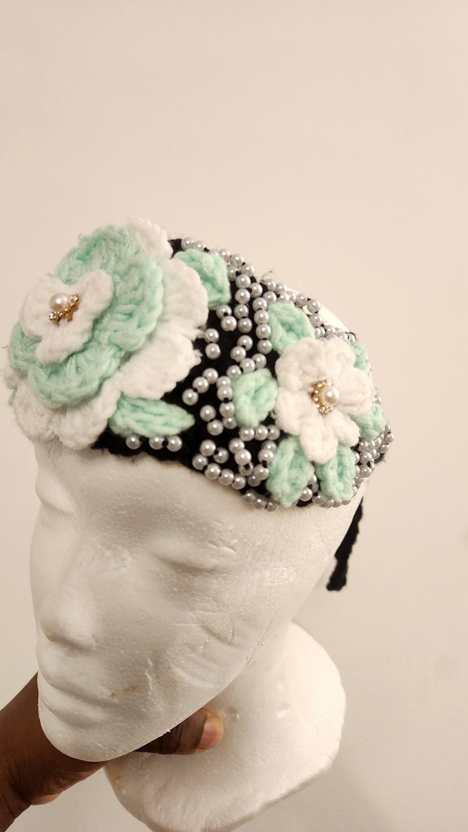 Girl's Handmade Headband: Children's Adjustable Crochet Tie Floral Wreath with Beaded Pearl Accents