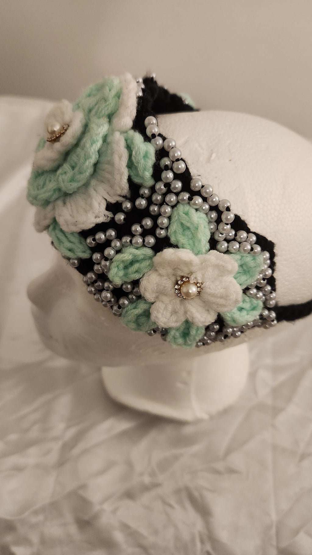 Girl's Handmade Headband: Children's Adjustable Crochet Tie Floral Wreath with Beaded Pearl Accents